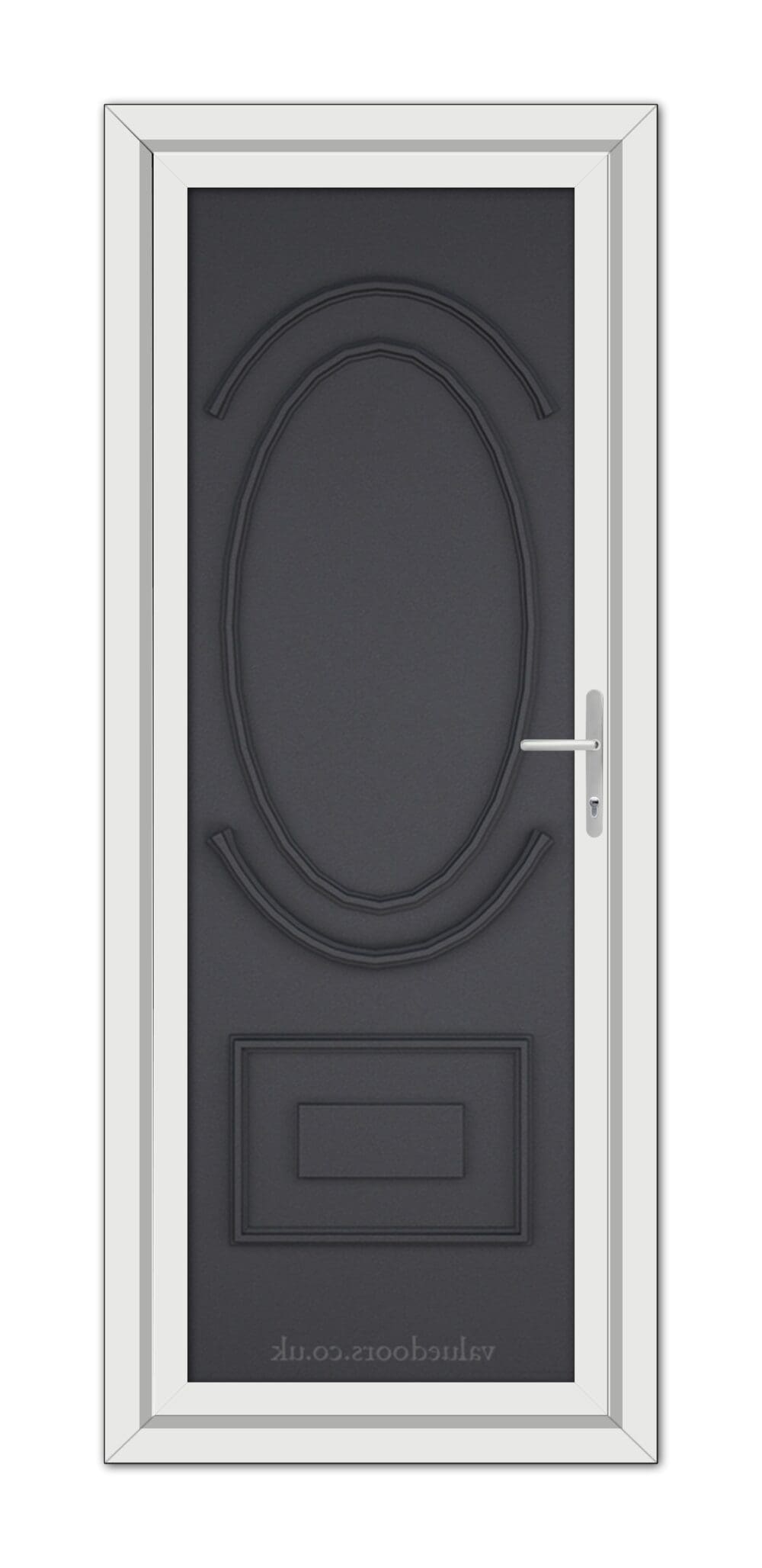 A modern, Grey Grained Richmond Solid uPVC door featuring an oval glass panel at the top, and a metallic handle on the right side, framed in white.