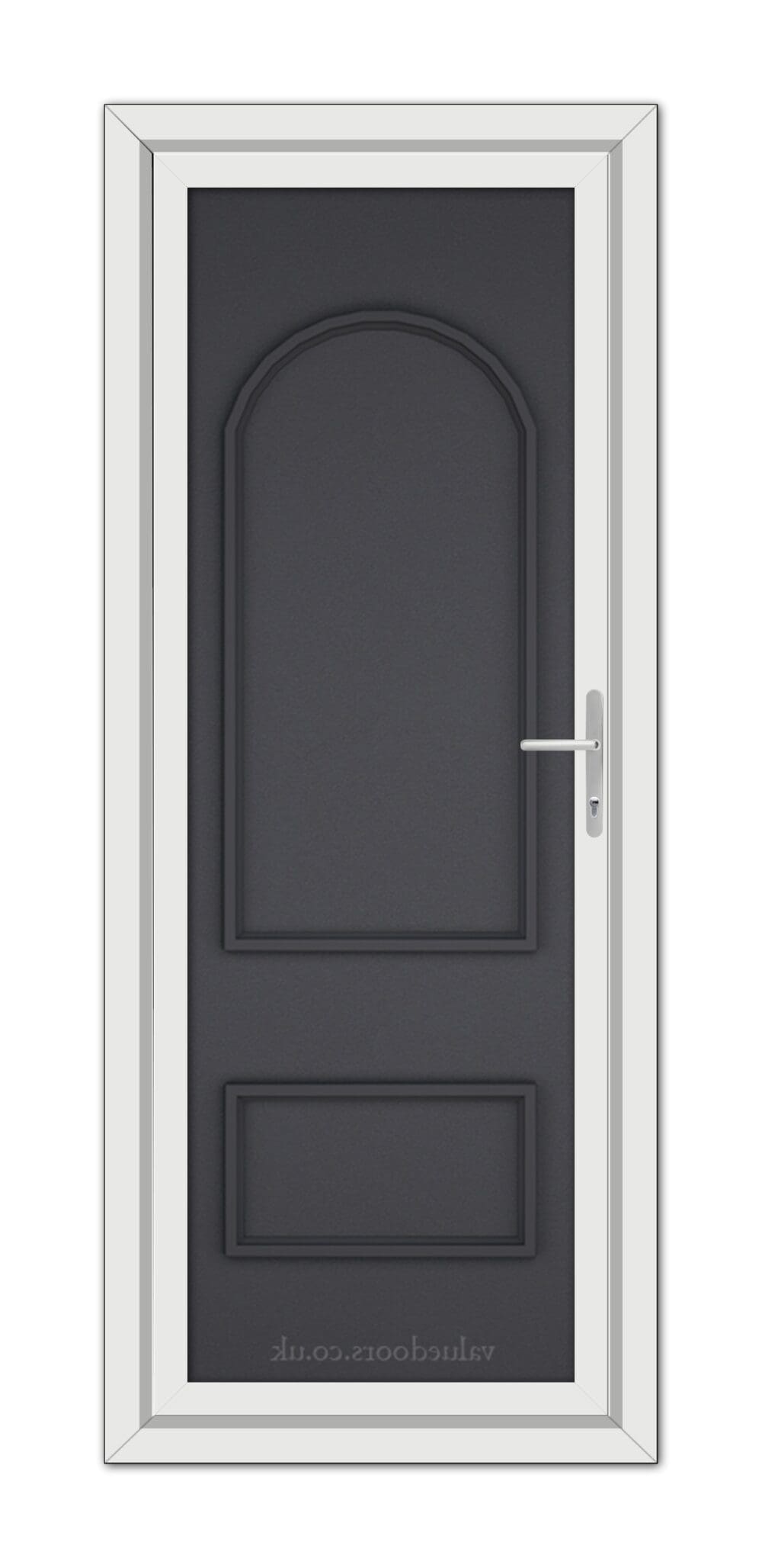 A vertical image of a Grey Grained Rockingham Solid uPVC Door with a white frame and a silver handle, viewed from the front.