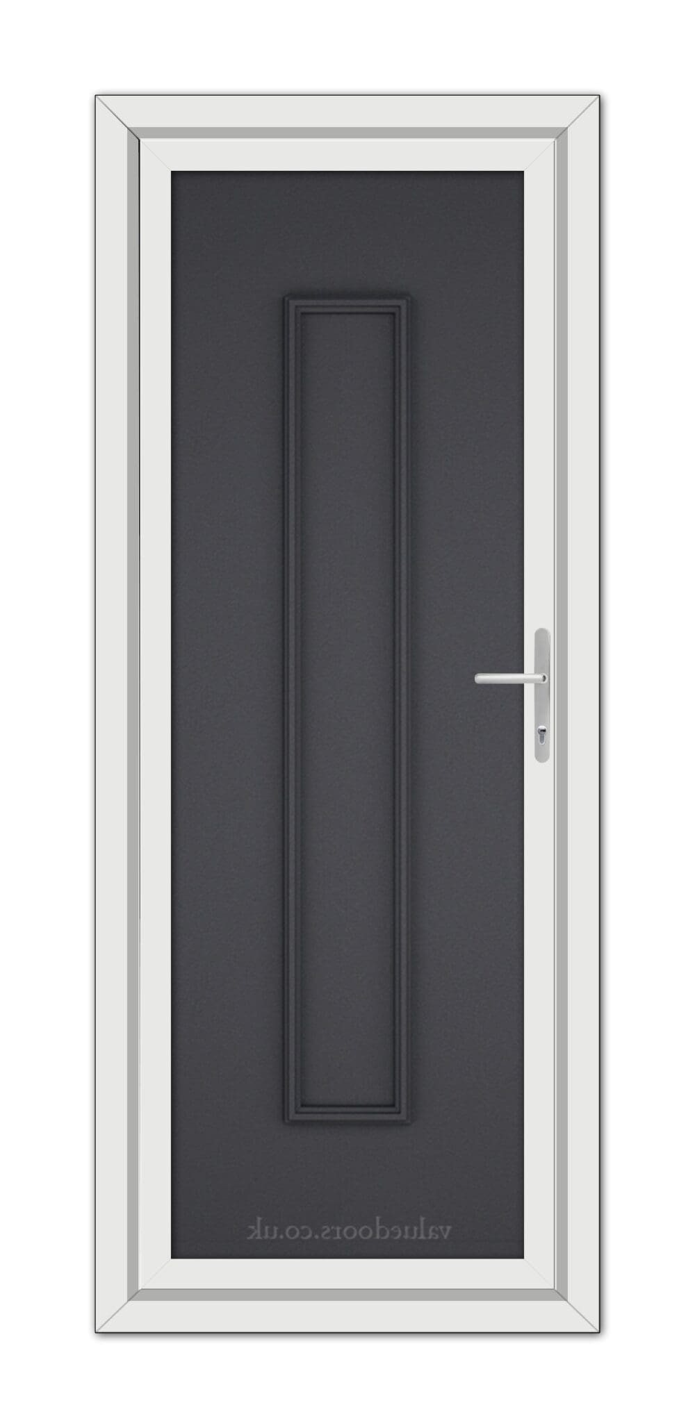 A modern Grey Grained Rome Solid uPVC door, finished in dark gray with a long vertical handle, set within a white frame.