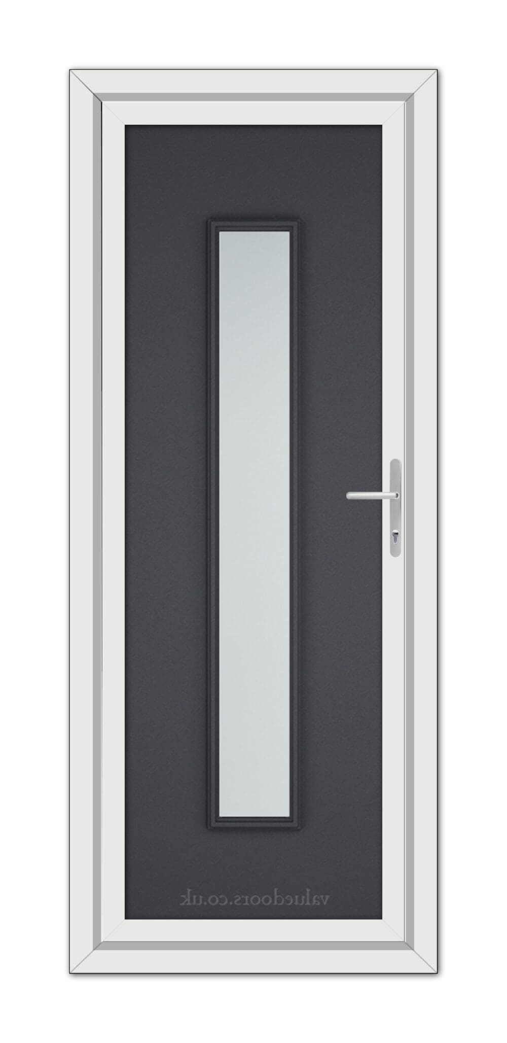 Modern Grey Grained Rome uPVC Door with a vertical glass panel and a metallic handle, framed by a white border.