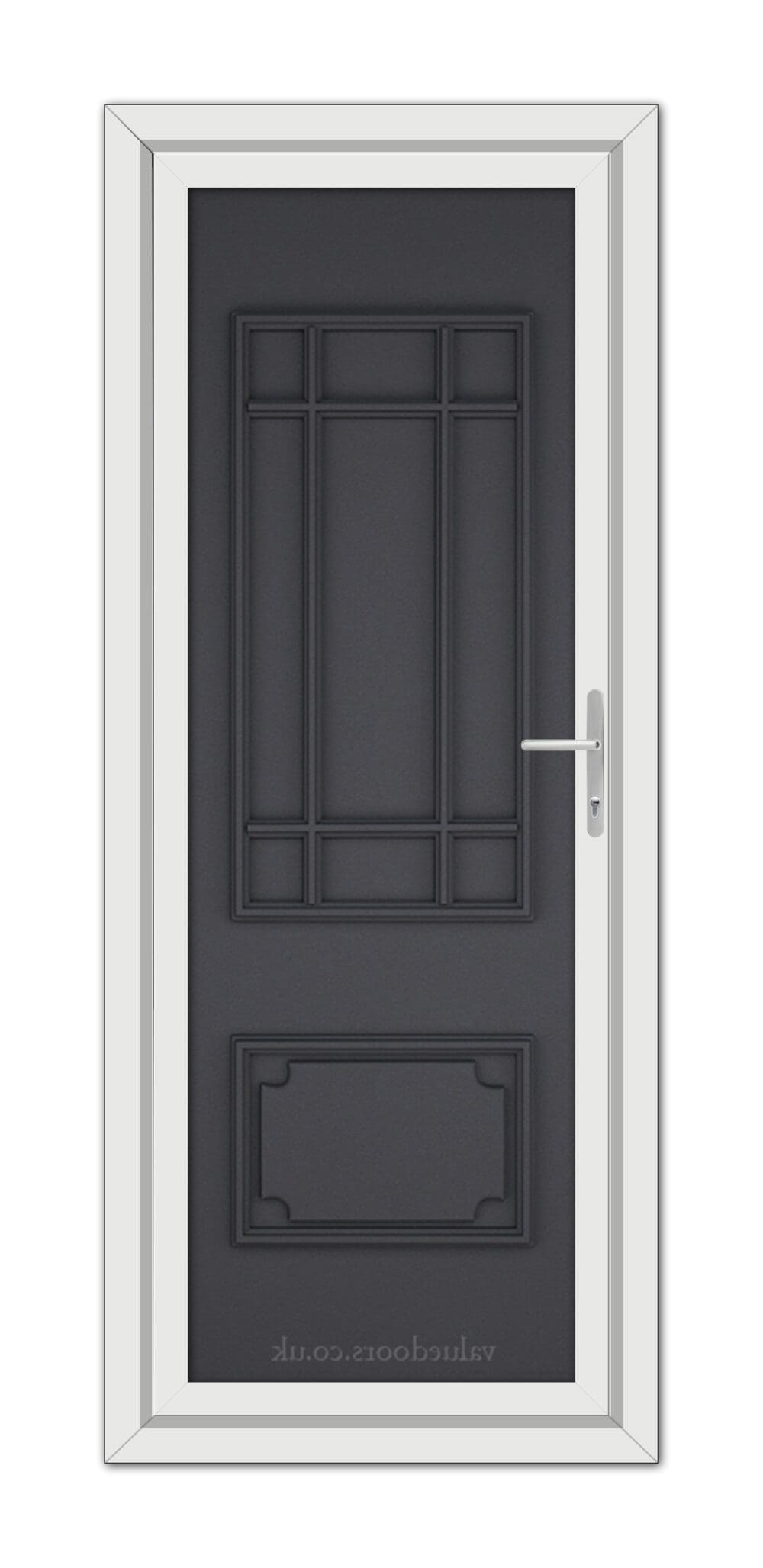 A vertical image of a closed, modern Grey Grained Seville Solid uPVC door with a white frame and silver handle.