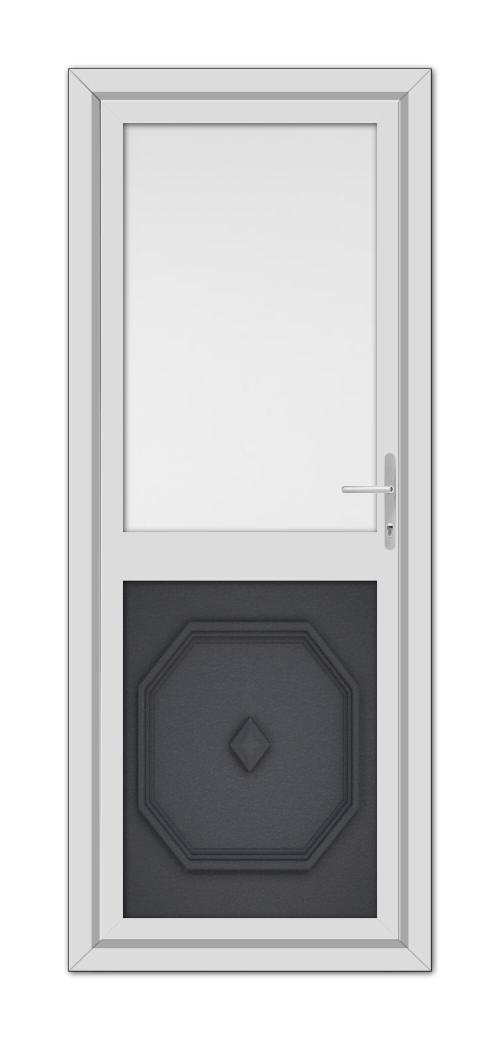 A modern Grey Grained Westminster Half uPVC Back Door featuring a geometric panel at the bottom and a glass window at the top, complete with a silver handle, isolated on white.