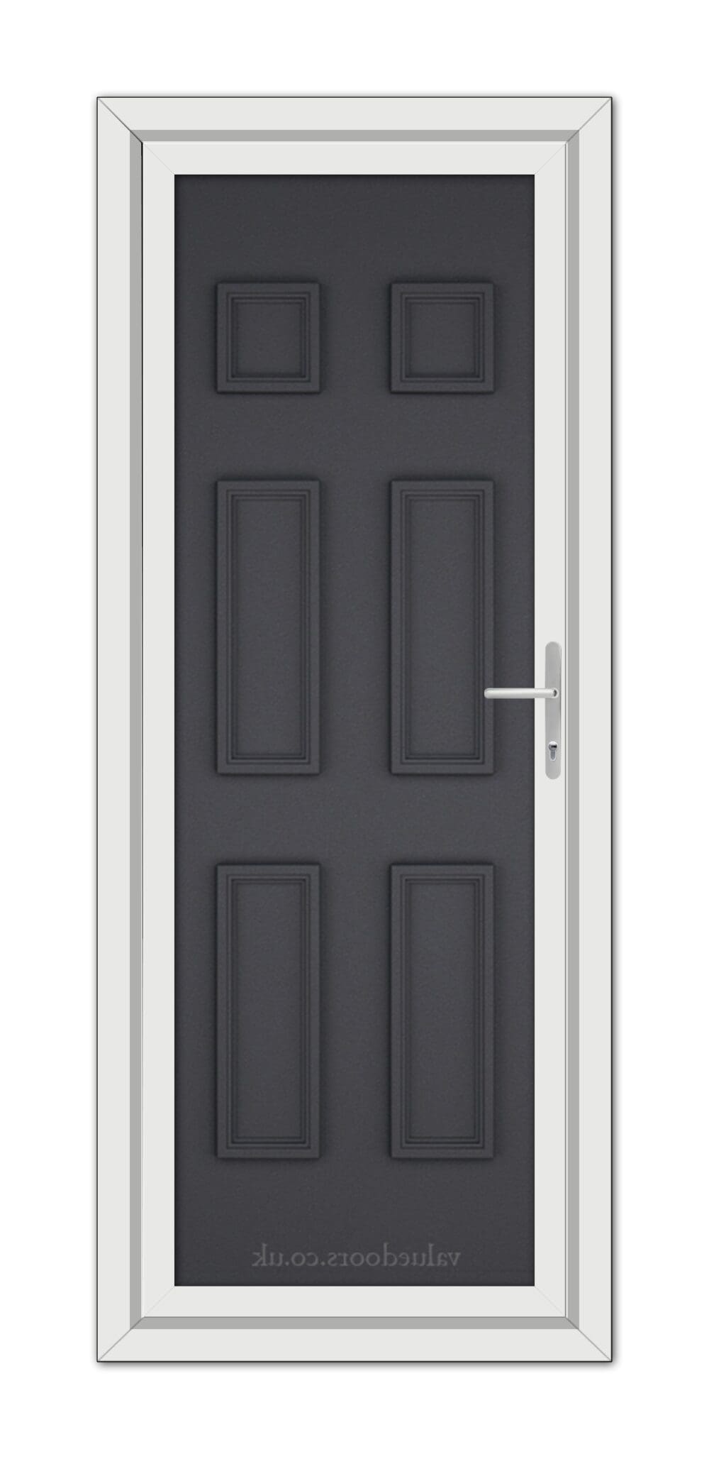 A modern Grey Grained Windsor Solid uPVC door with six panels and a silver handle, framed in a white door frame, viewed from the front.