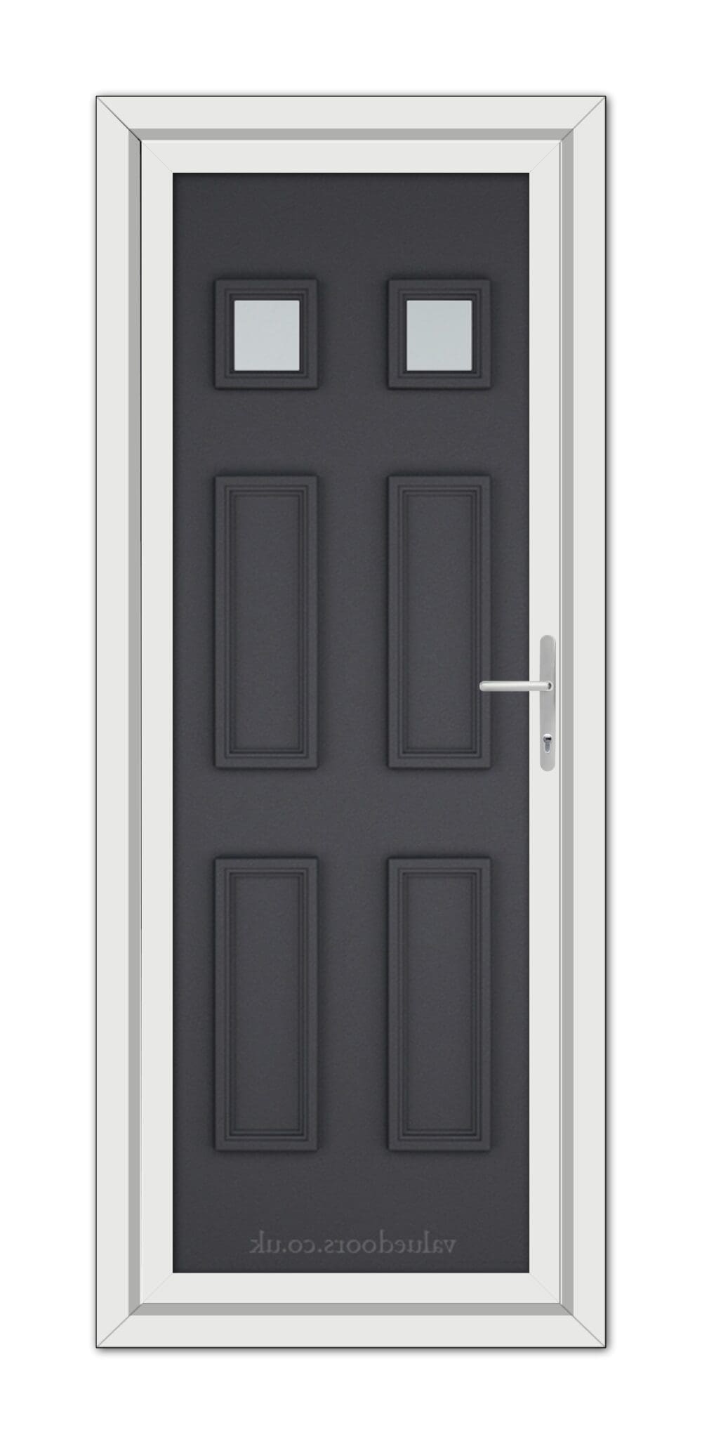 A Grey Grained Windsor uPVC Door with four recessed panels and two small square windows, framed in white, with a metallic handle on the right side.