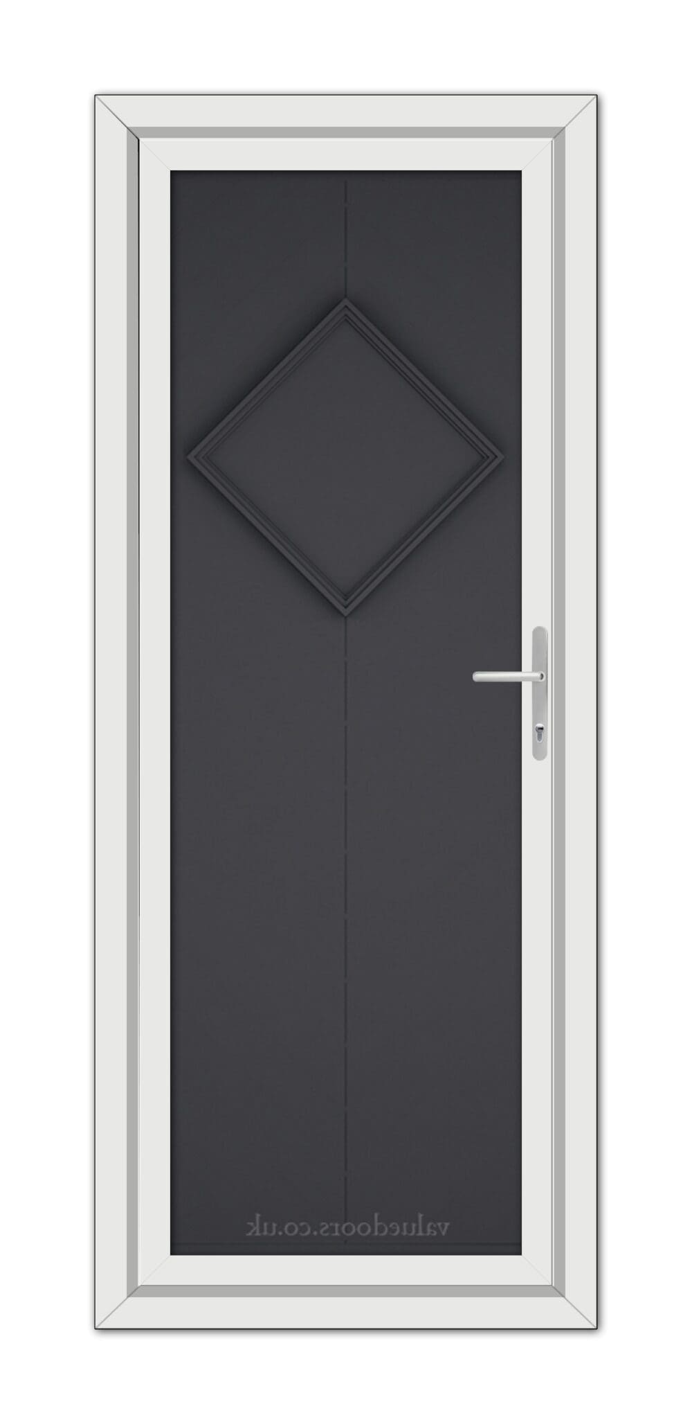 A modern Grey Hamburg Solid uPVC door with a diamond-shaped panel, silver handle, and white frame.