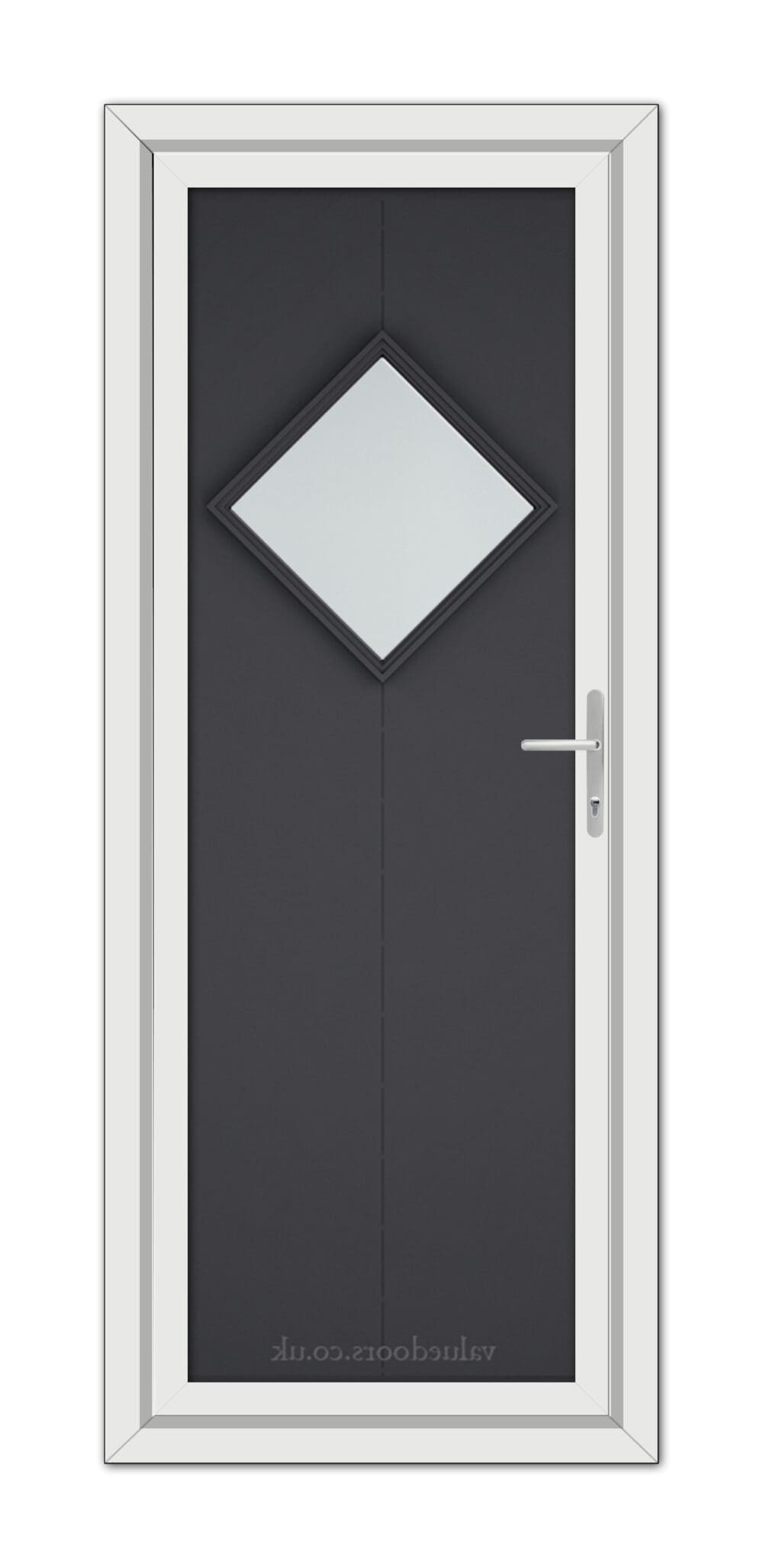 A modern Grey Hamburg uPVC Door with a diamond-shaped window and a silver handle, framed in white.