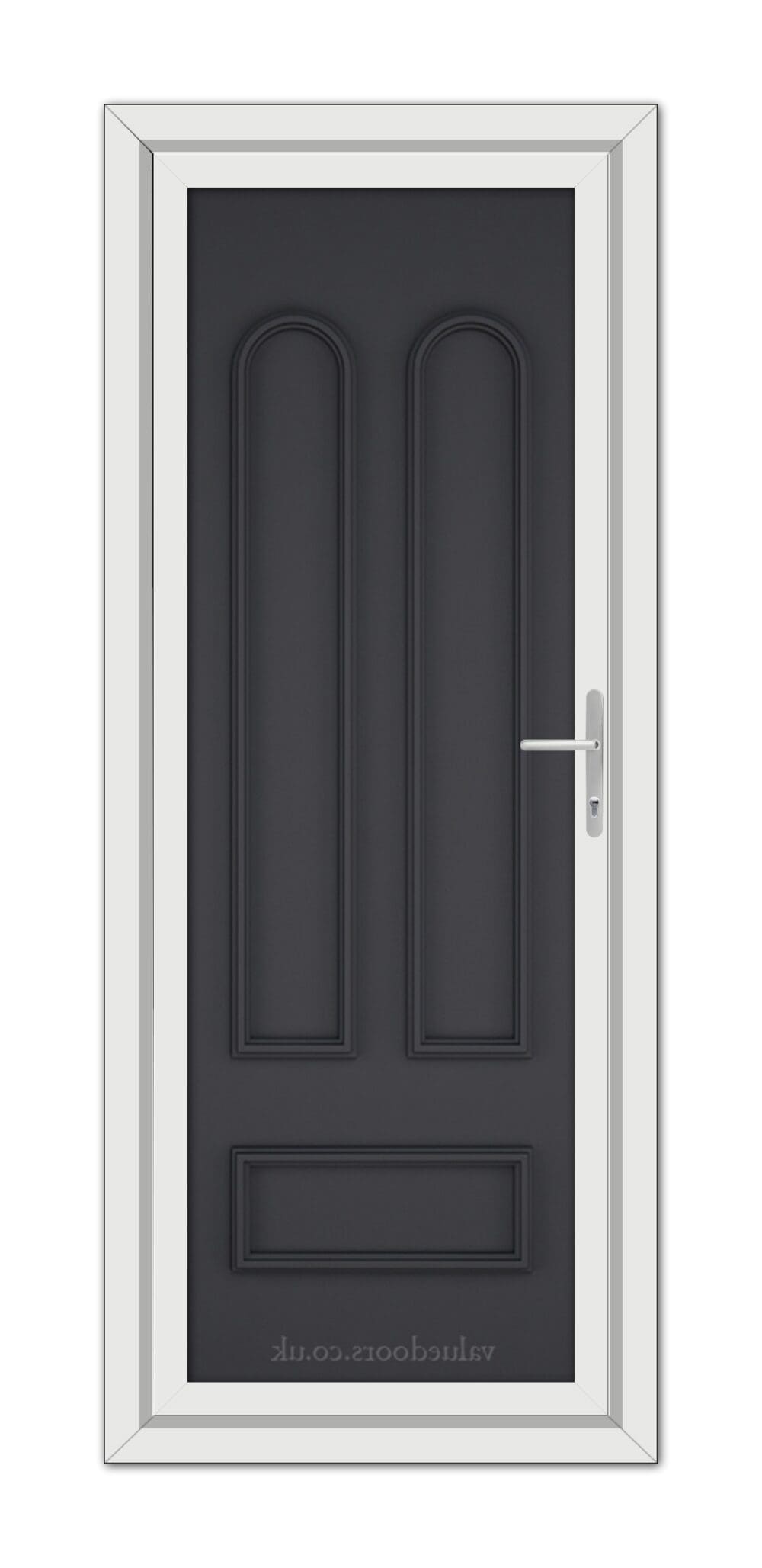 Vertical image of a modern Grey Madrid Solid uPVC Door with two panels and a metallic handle, framed by a white doorframe.