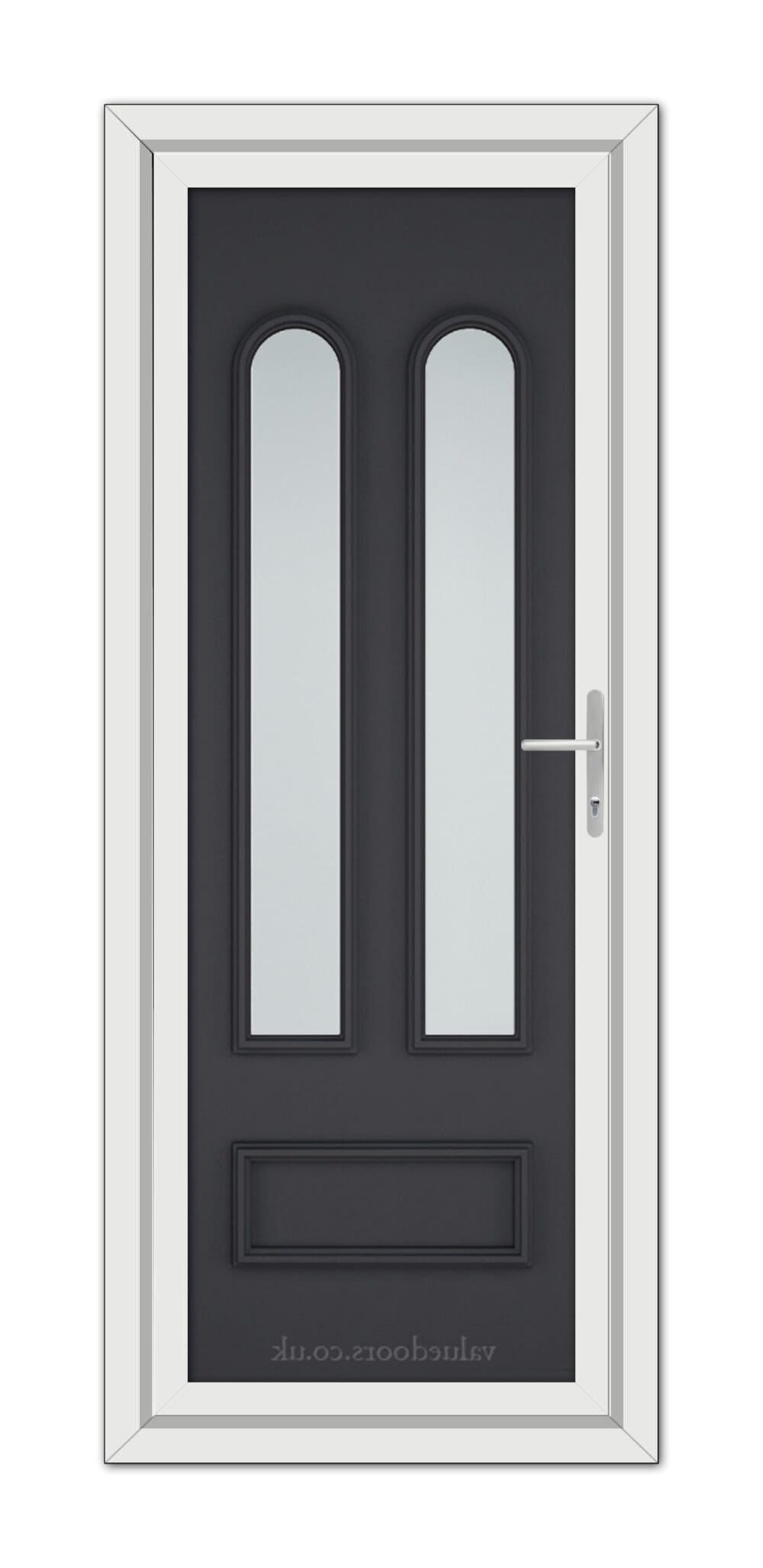 Modern Grey Madrid uPVC Door with long, vertical glass windows and a silver handle, set in a white frame.