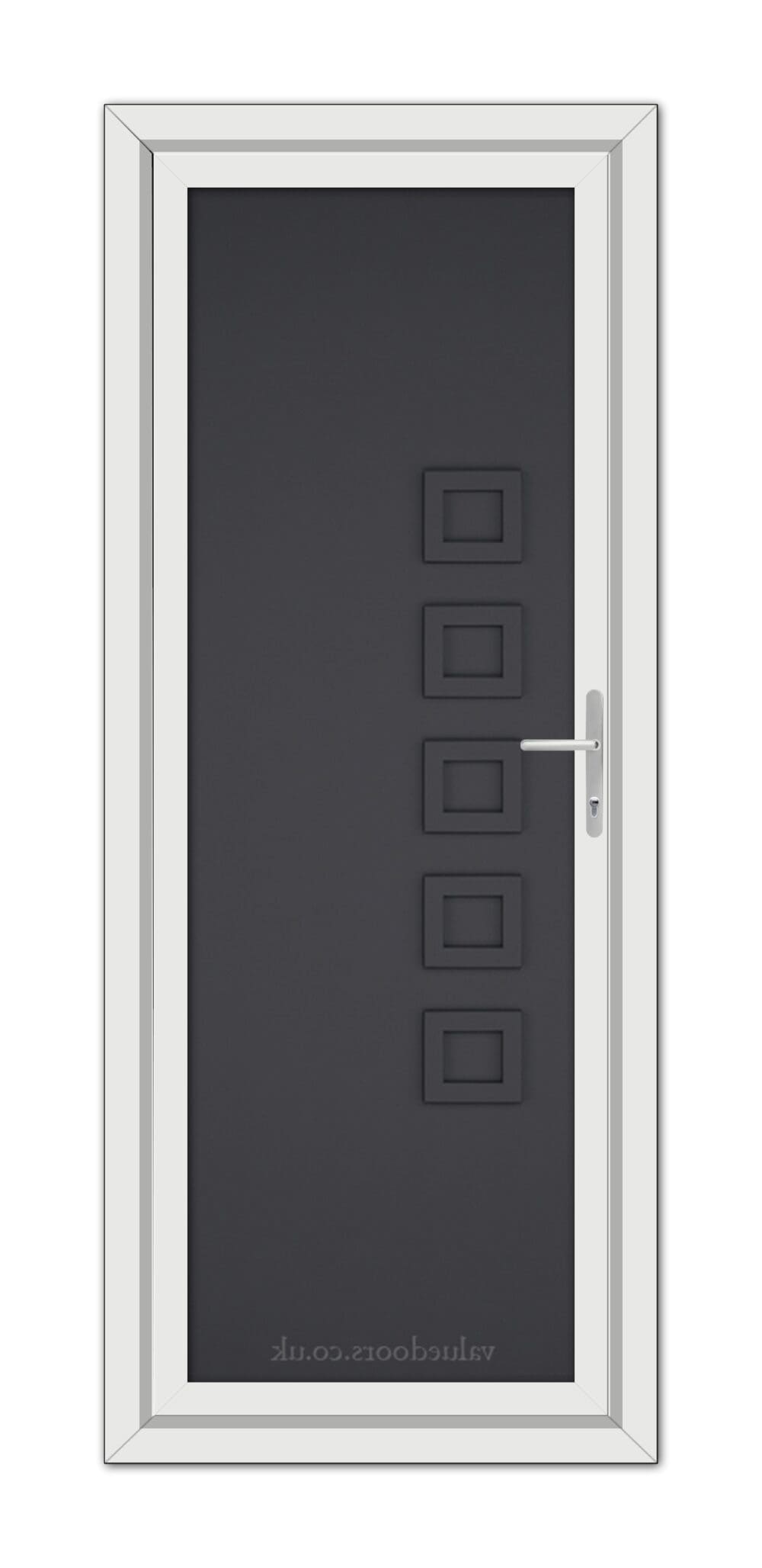 A modern Grey Malaga Solid uPVC Door with a straight handle and four square windows on the left, viewable vertically in a white frame.