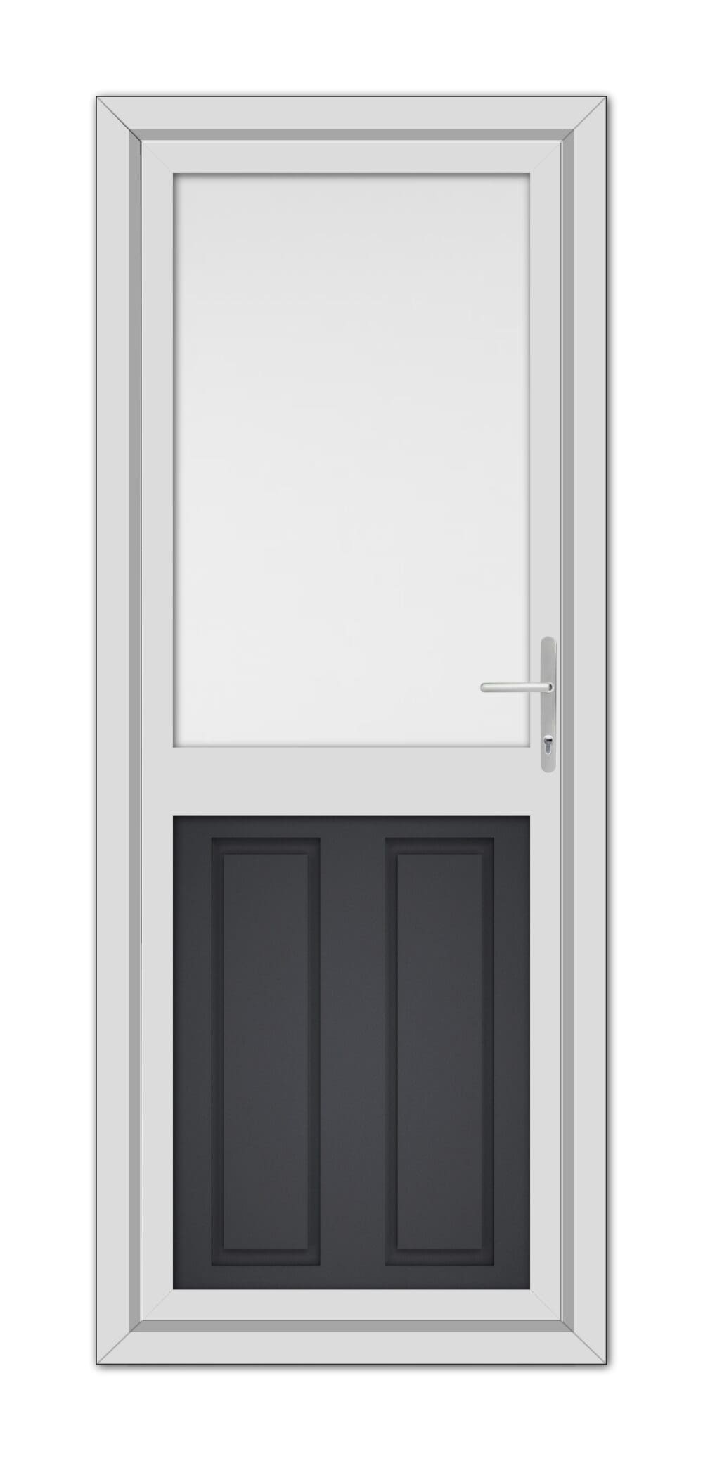 A Grey Manor Half uPVC Back Door with upper glass panel and lower solid double panels, featuring a silver handle, isolated on a white background.