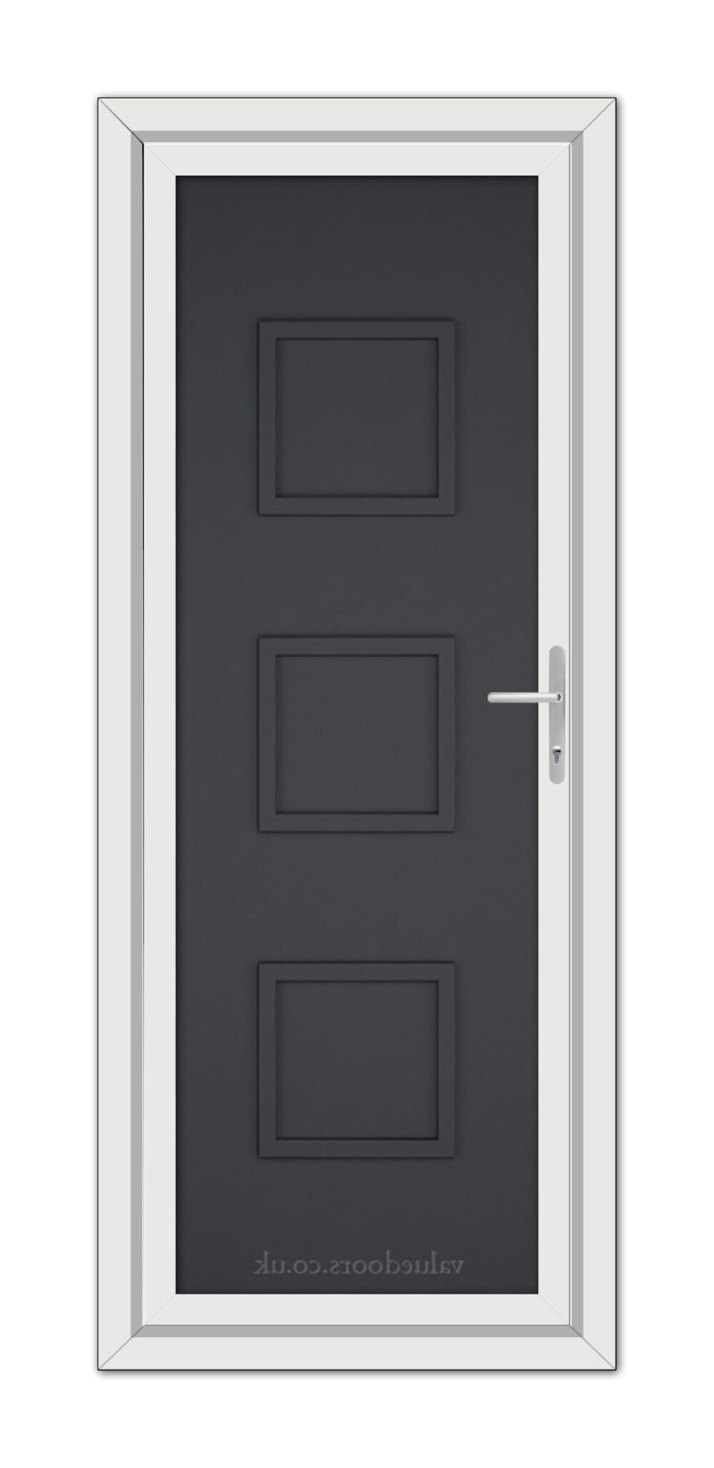 A Grey Modern 5013 Solid uPVC door with three panels and a silver handle, framed with a white trim, set against a white background.