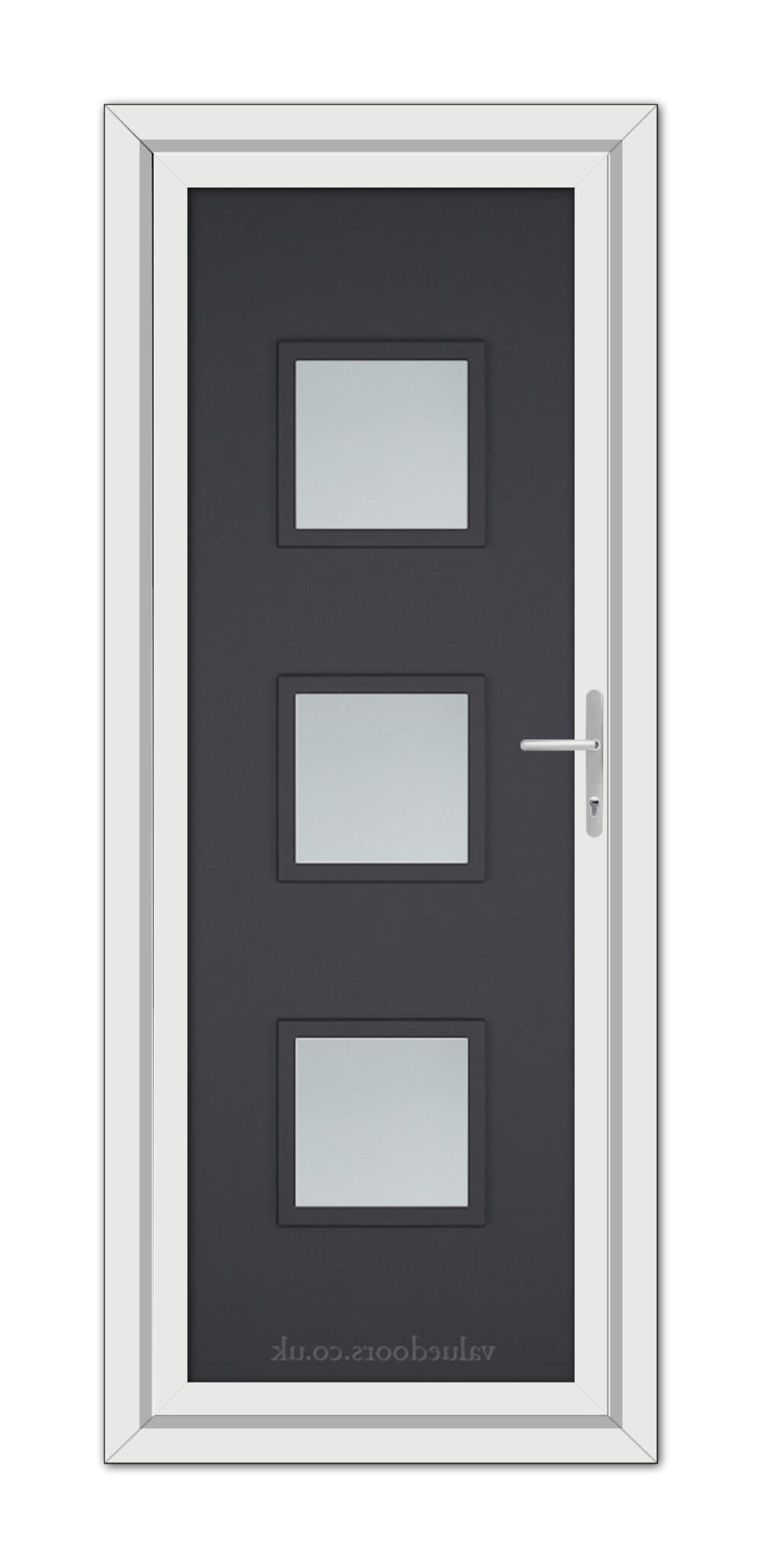 Grey Modern 5013 uPVC Door with three rectangular frosted glass panels and a silver handle, set within a white frame.