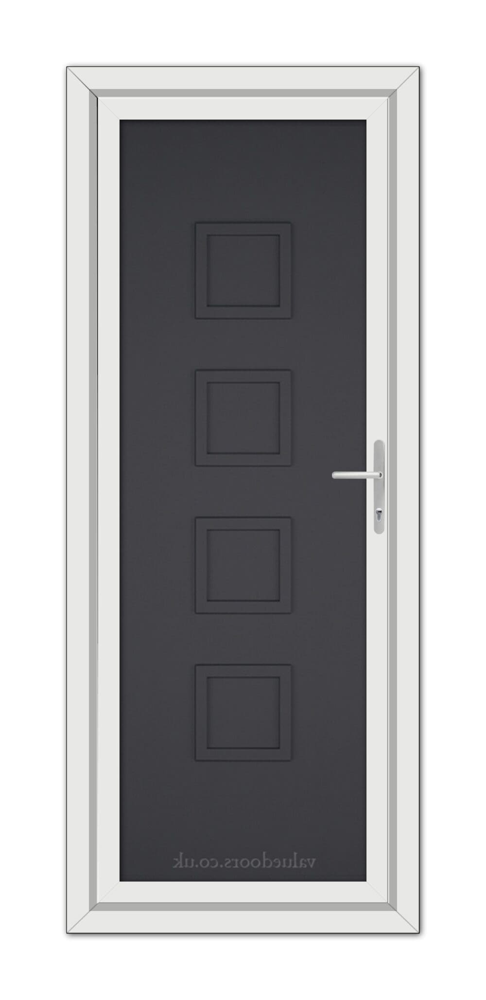 Grey Modern 5034 Solid uPVC door with five rectangular panels and a silver handle, set within a white frame, viewed from the front.