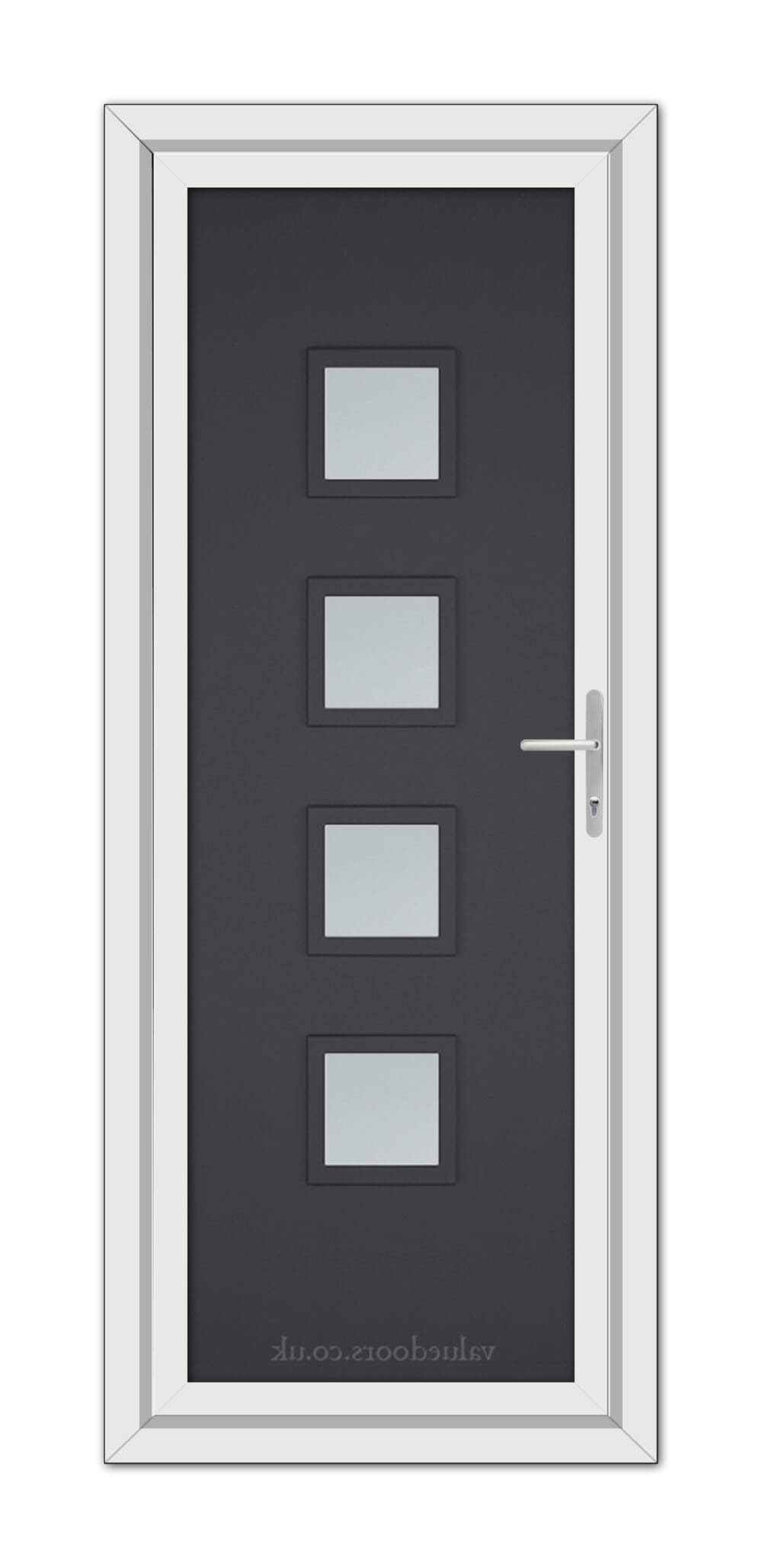 Grey Modern 5034 uPVC front door with four rectangular frosted glass panels, silver handle, and a white frame, viewed from the front.