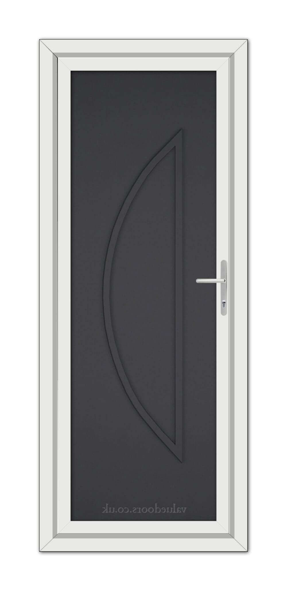 A Grey Modern 5051 Solid uPVC door with an asymmetrical raised panel design, silver handle, and white frame, viewed from the front.