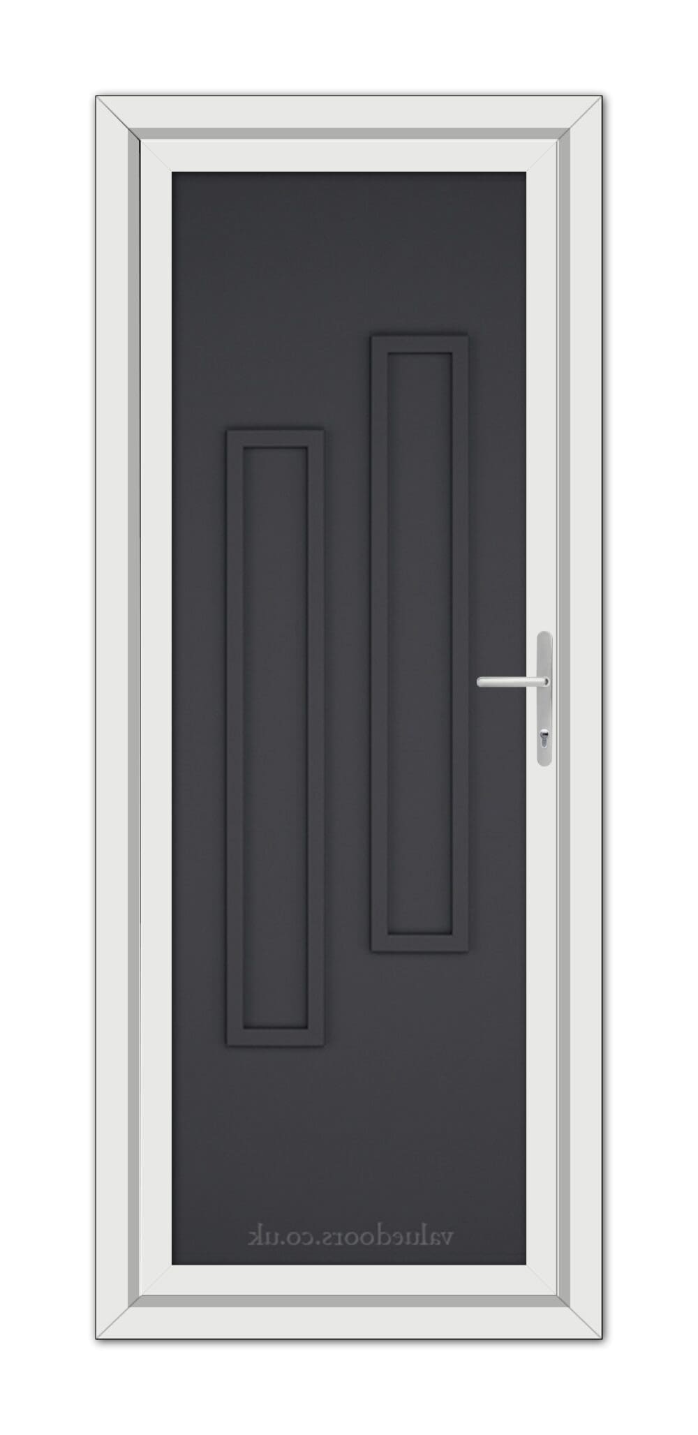 A Grey Modern 5082 Solid uPVC Door with a white frame and a metallic handle, featuring two vertical panels.