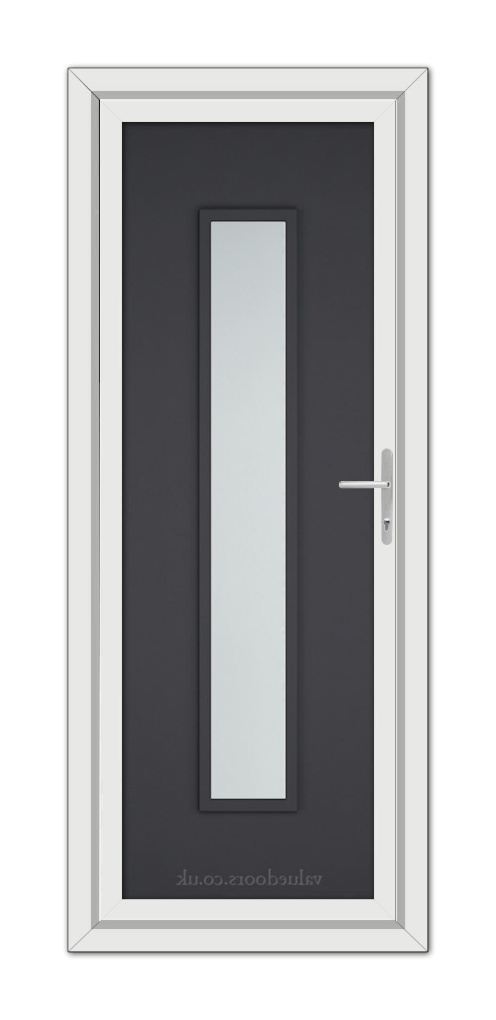 A Grey Modern 5101 uPVC door with a vertical glass panel, steel handle, and minimalist design, framed in white.