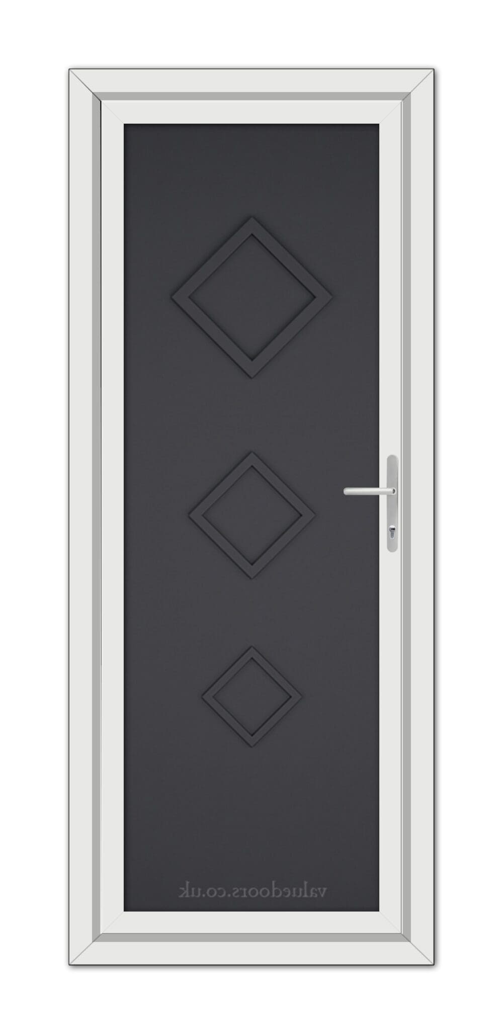 A Grey Modern 5123 Solid uPVC door with three diamond-shaped panels, featuring a white frame and a chrome handle, isolated on a white background.