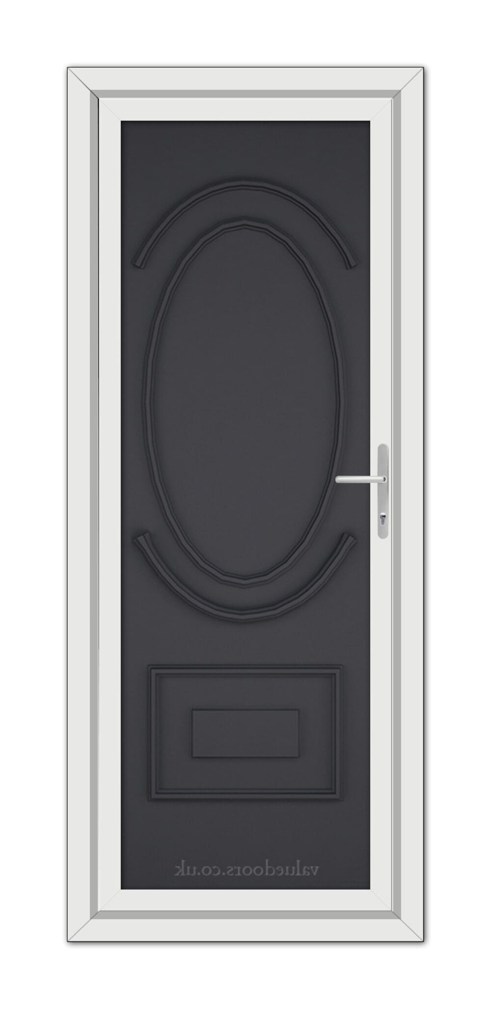 A modern Grey Richmond Solid uPVC Door with an oval window and a rectangular panel, set in a white frame with a silver handle on the right.