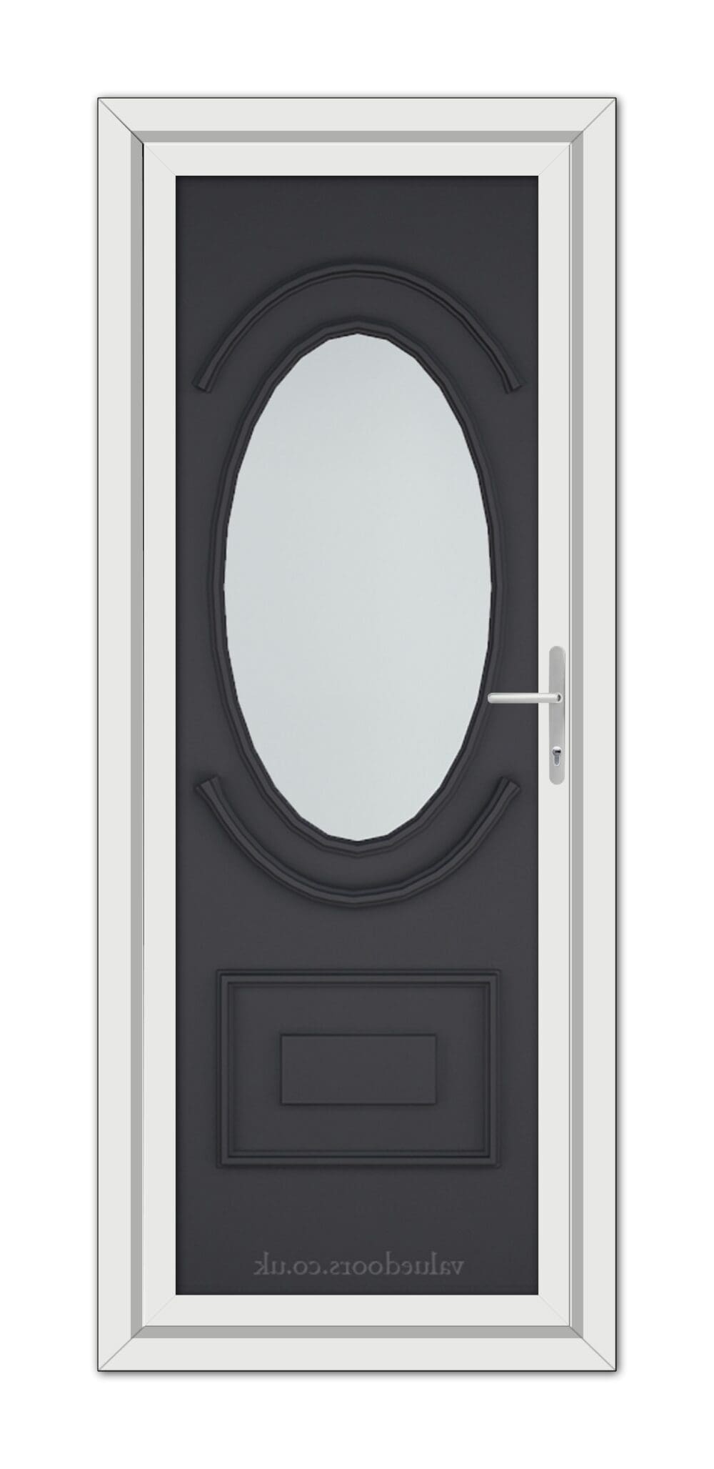 A Grey Richmond uPVC Door with an oval glass pane and a white frame, featuring a sleek handle on the right side.