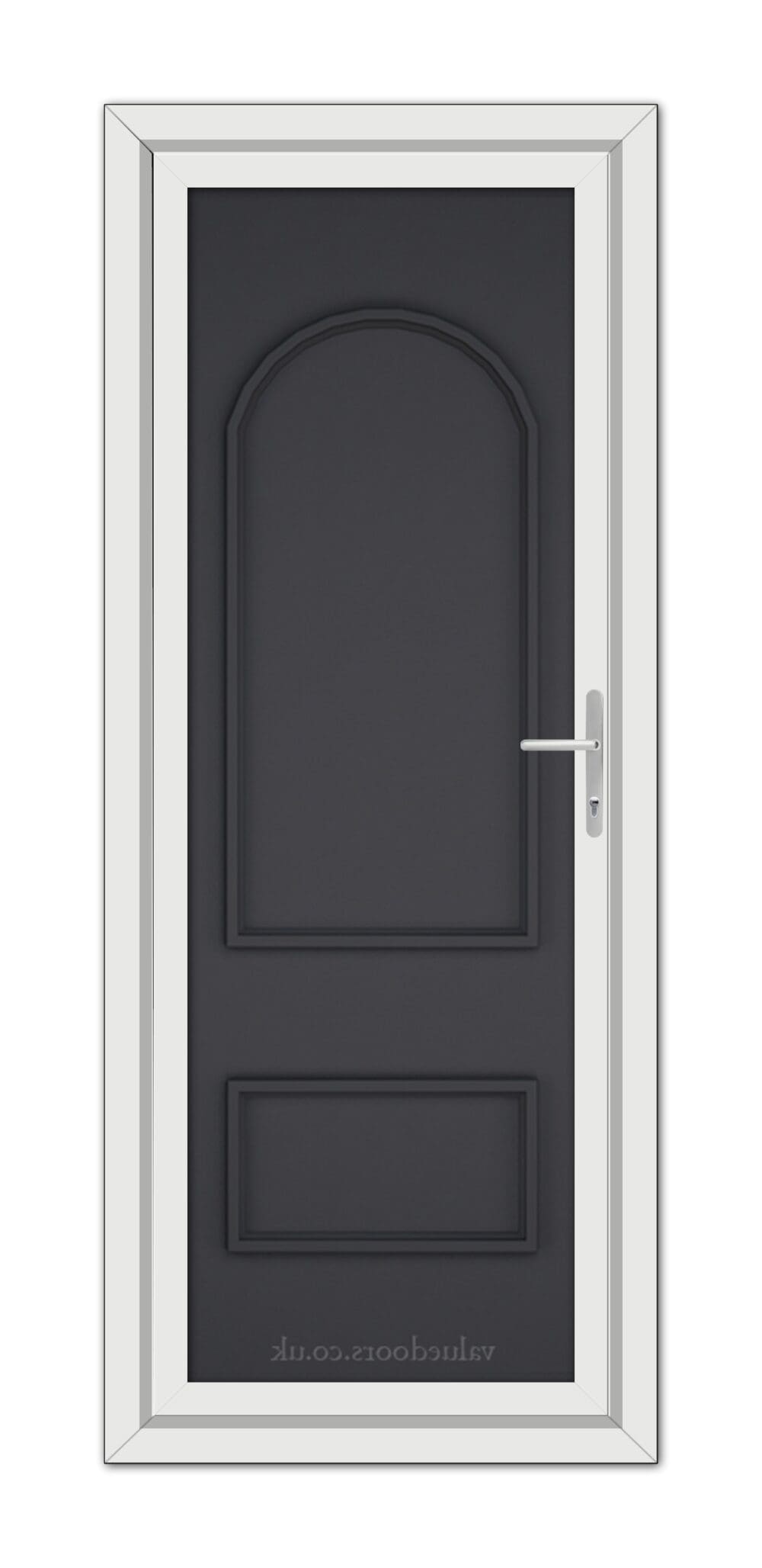 A modern Grey Rockingham Solid uPVC door with a silver handle, set within a white door frame, viewed from the front.