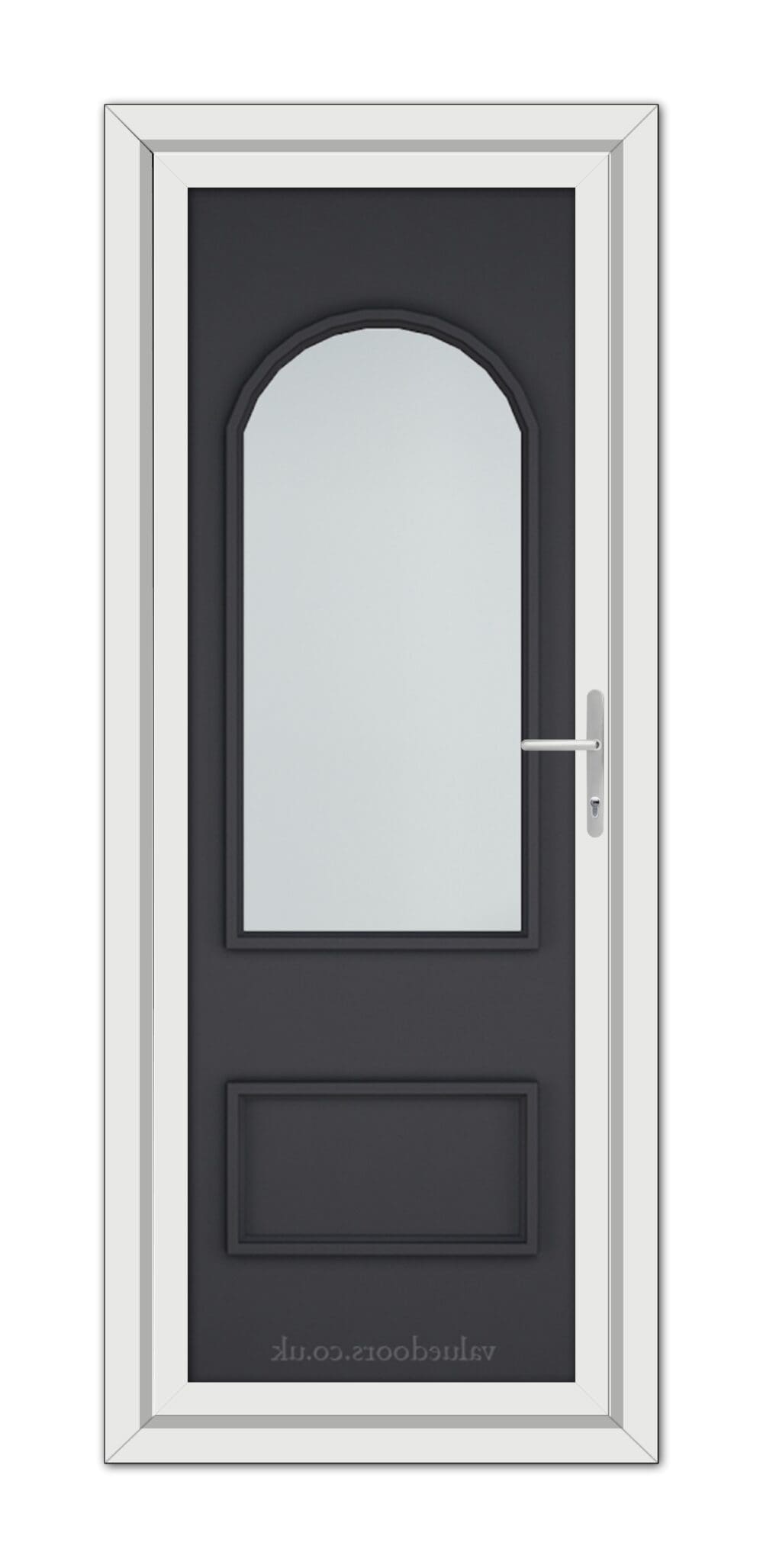 A vertical image of a Grey Rockingham uPVC Door with a white frame, dark gray inset, and a long, oval glass window.