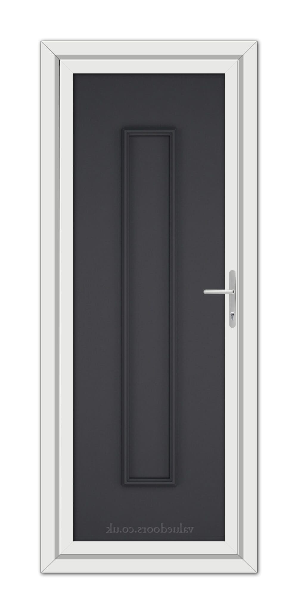 Modern closed Grey Rome Solid uPVC Door with a dark gray panel, silver handle, and white frame, viewed from the front.