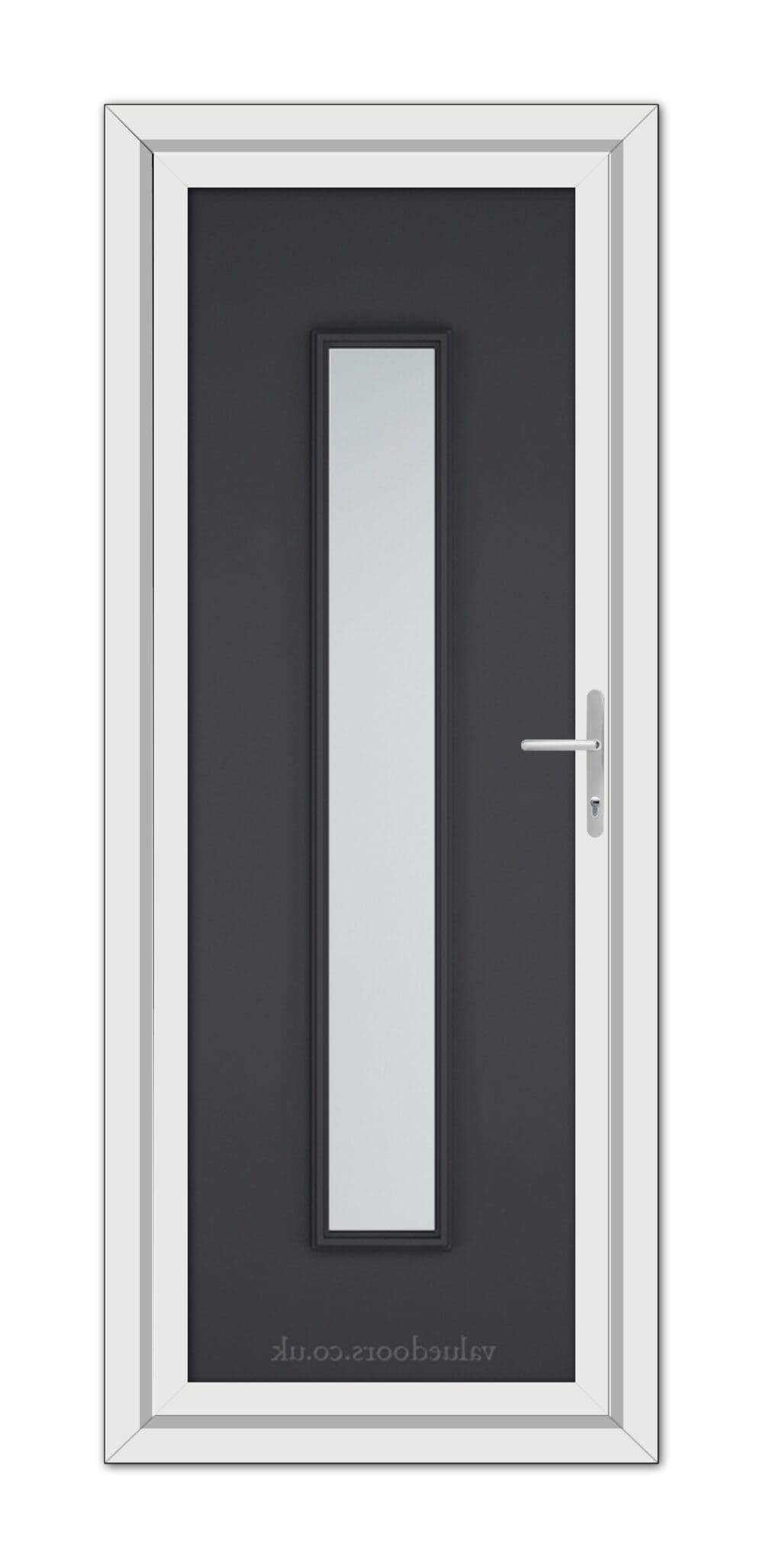 A modern Grey Rome uPVC door with a vertical glass panel, silver handle, and white frame, viewed frontally.