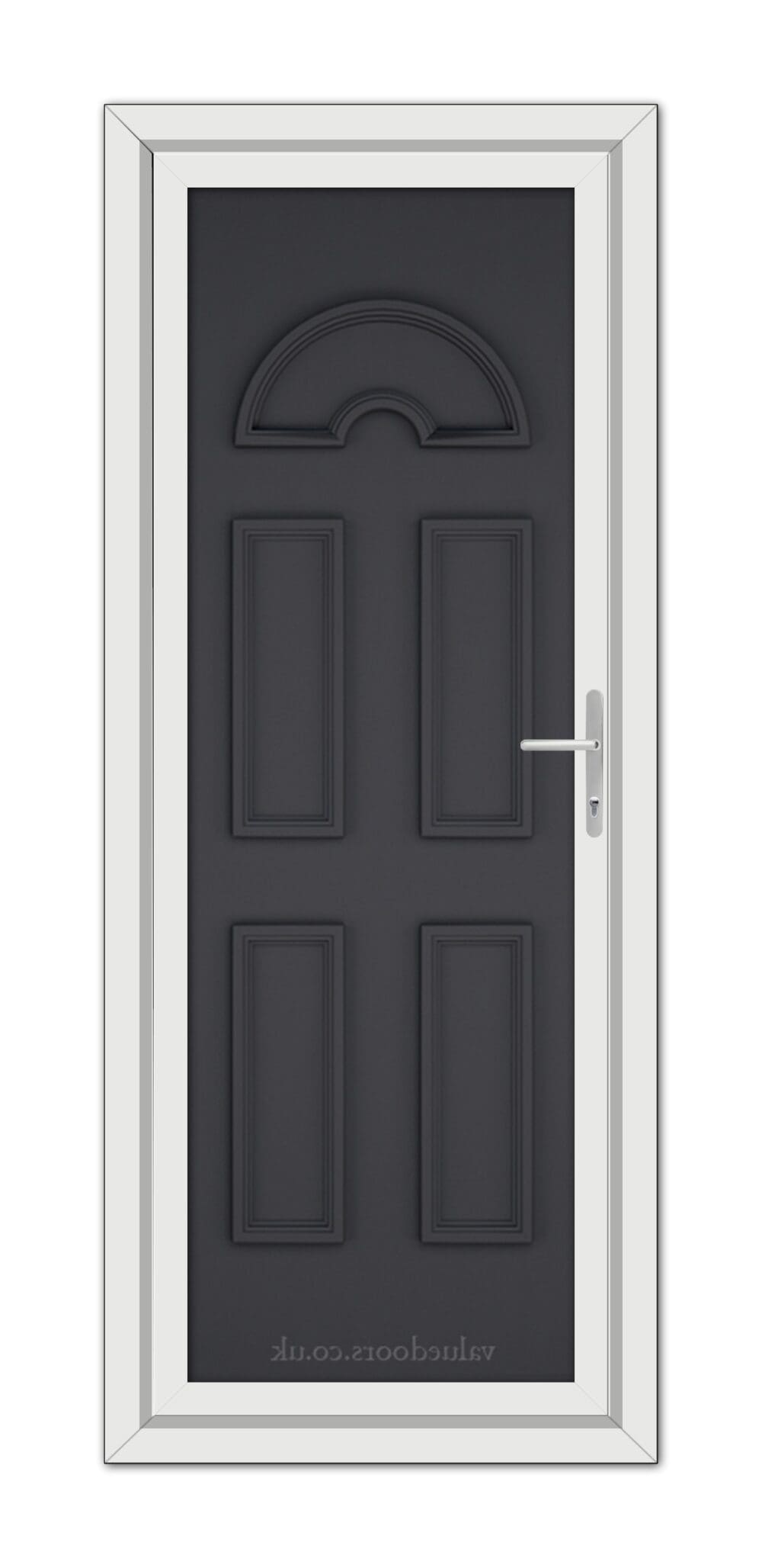 A vertical image of a Grey Sandringham Solid uPVC Door with an arched top and six panels, framed in white with a silver handle on the right side.