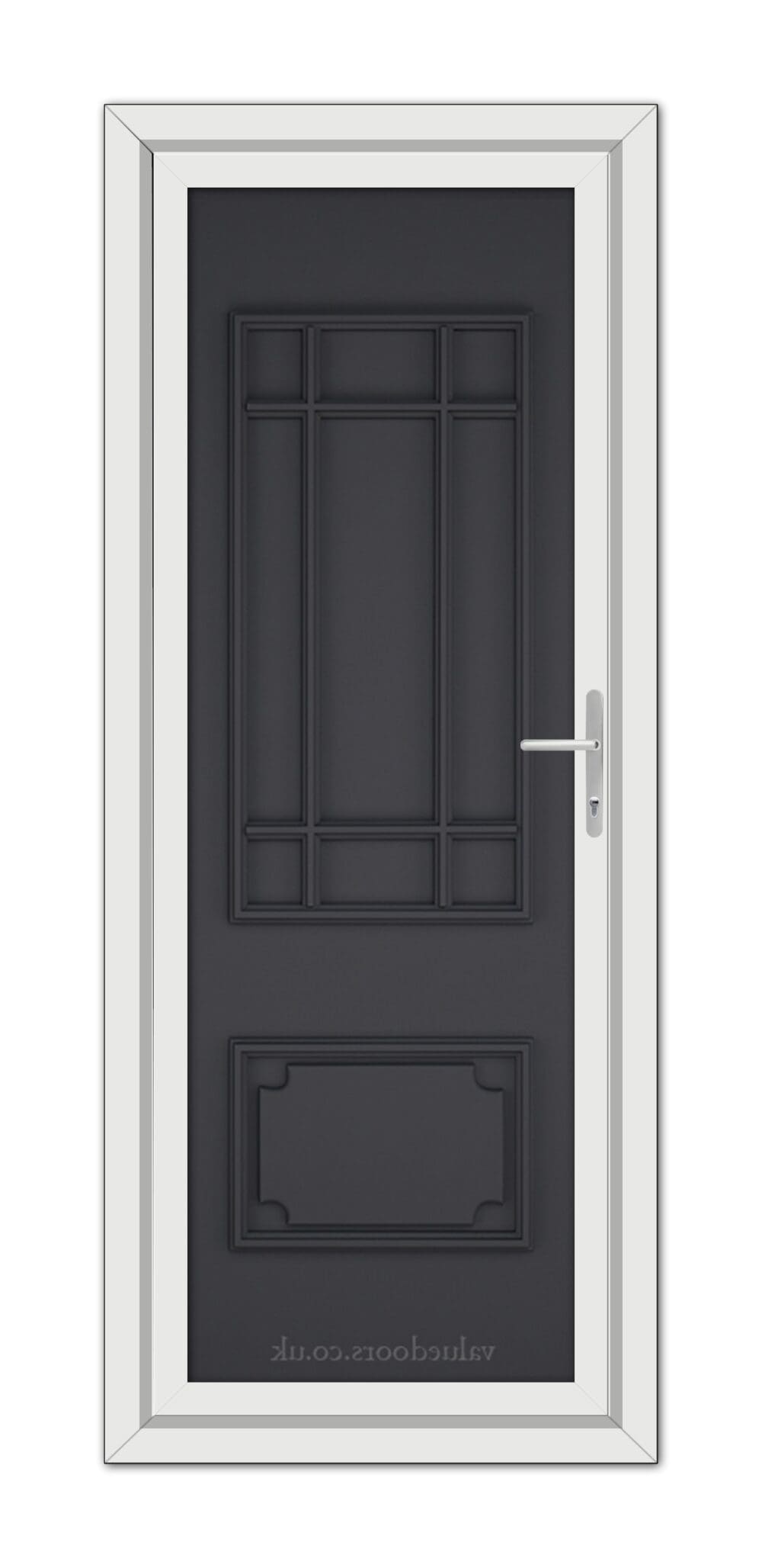 A modern Grey Seville Solid uPVC door with six panels and a silver handle, framed within a white door frame, viewed from the front.