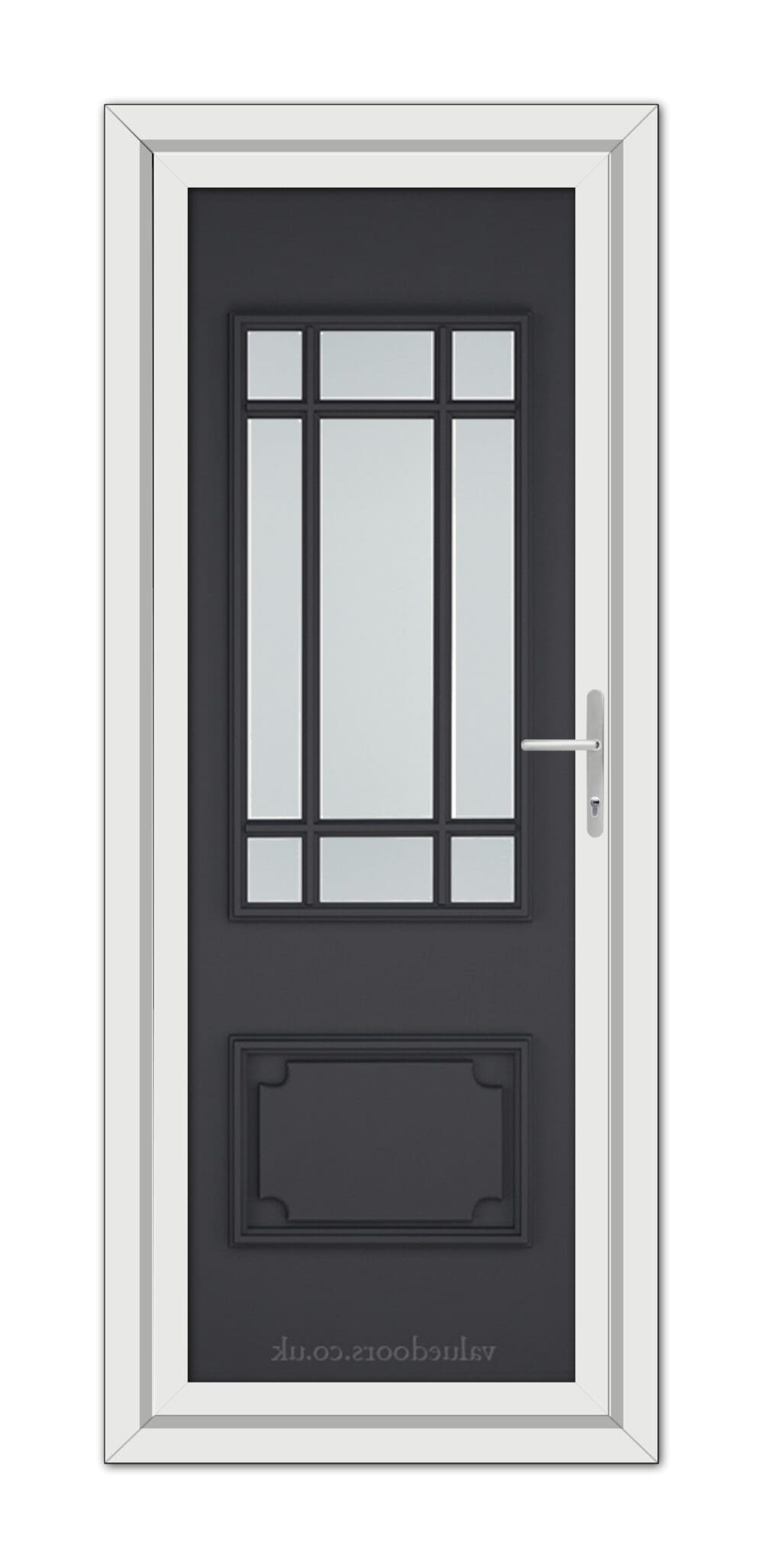 Grey Seville uPVC Door with a window featuring six clear glass panels and a white frame, equipped with a metal handle on the right side.