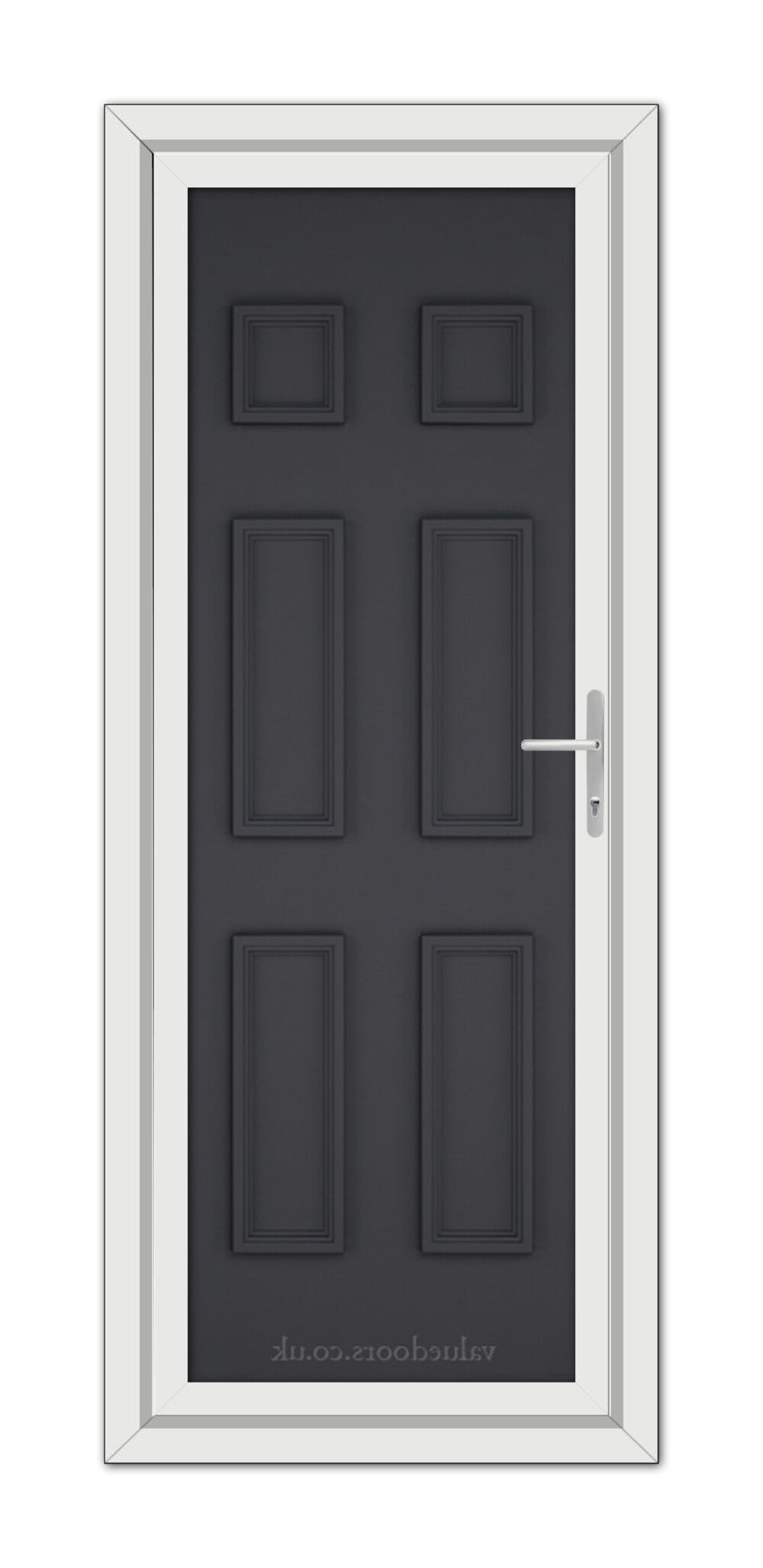 A modern grey Windsor solid uPVC door with a silver handle, set within a white door frame.