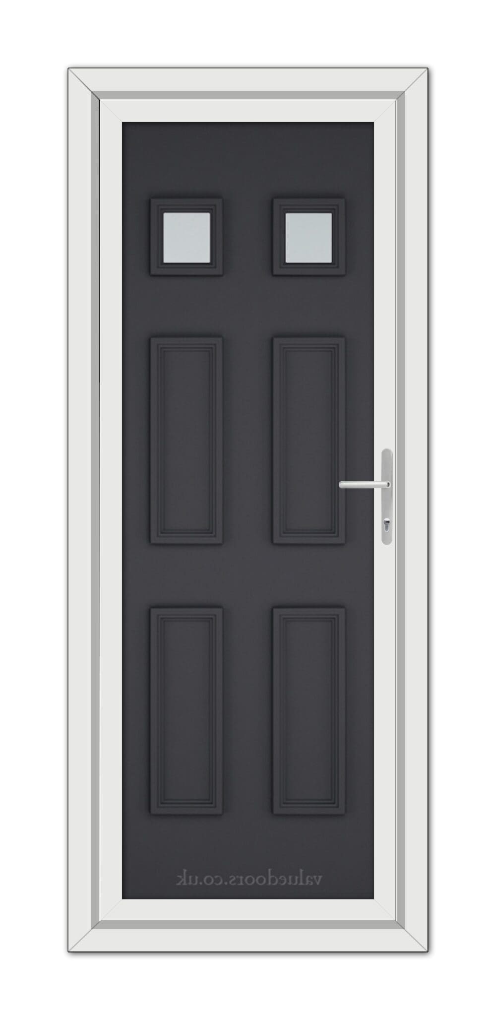 Modern Grey Windsor uPVC Door with two small square windows, framed in white with a metallic handle on the right side.