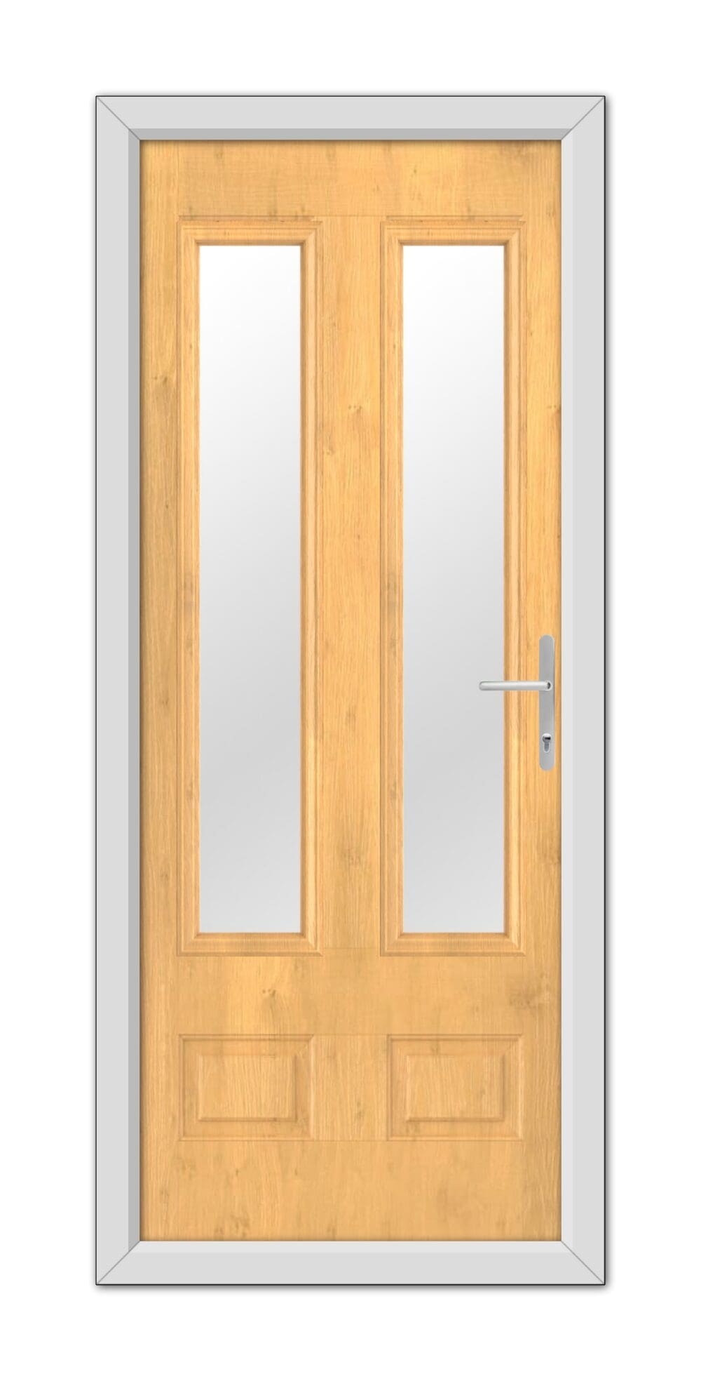 A modern Irish Oak Aston Glazed 2 Composite Door 48mm Timber Core with glass panels and a stainless steel handle, set in a simple gray frame.