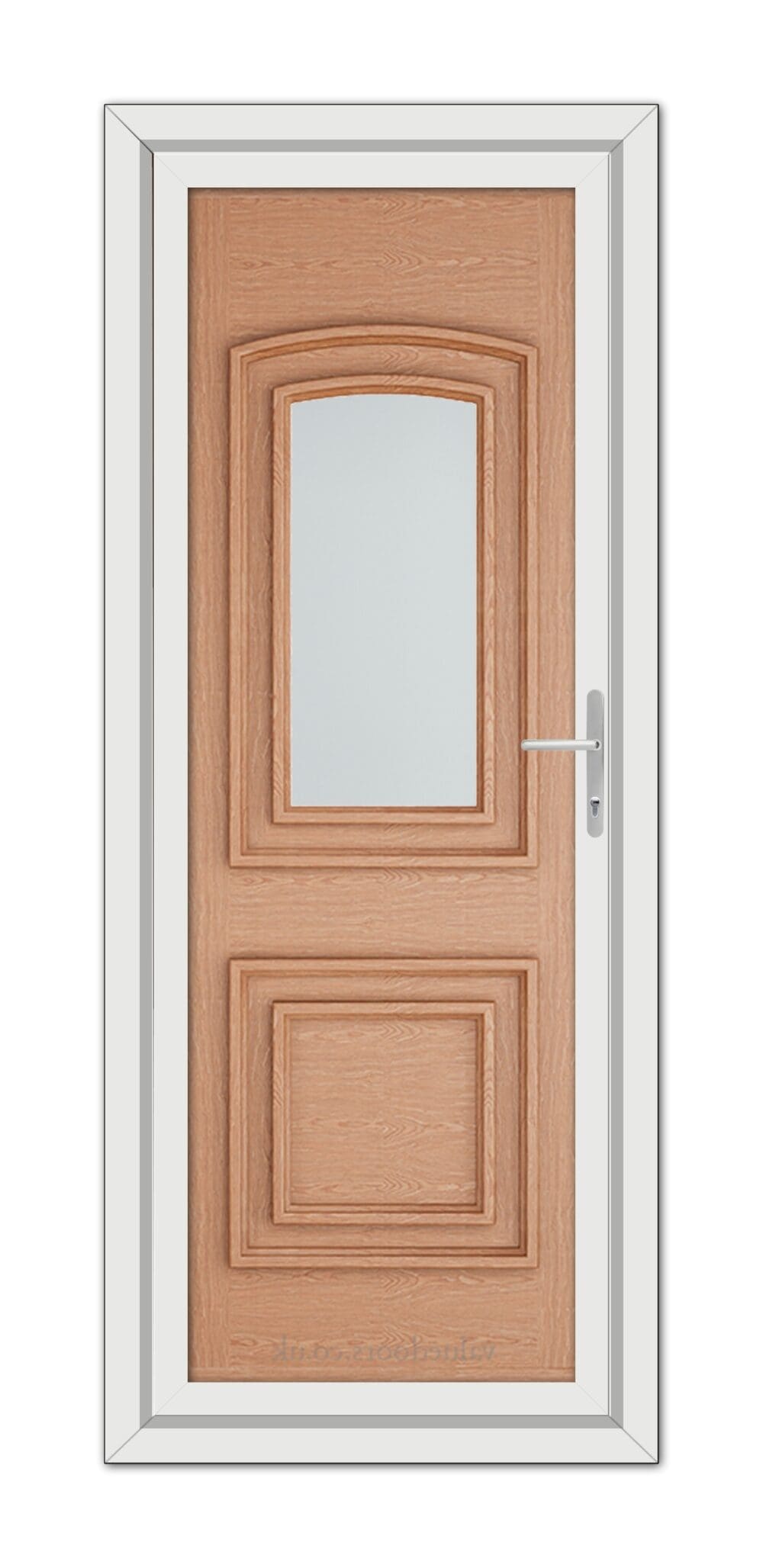 A Irish Oak Balmoral One uPVC door with a rectangular glass panel and a stainless steel handle, set within a white frame.