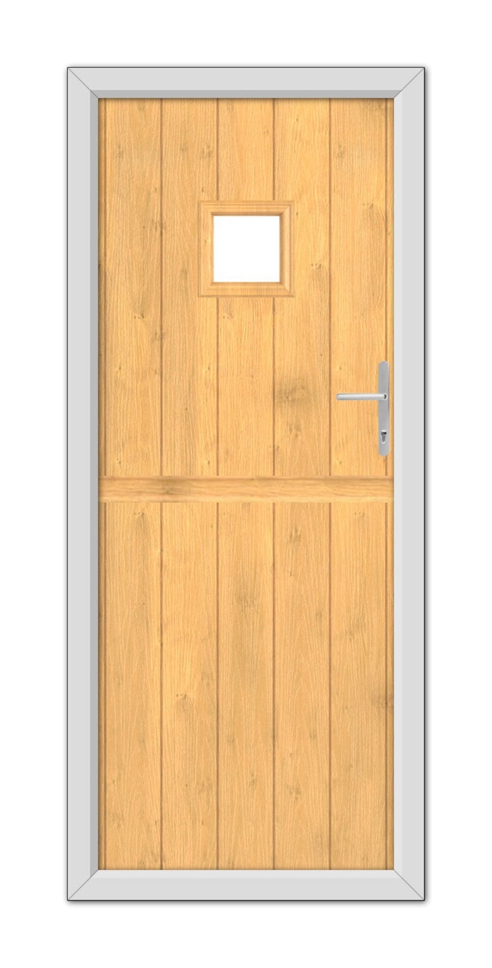 A modern Irish Oak Brampton Stable Composite door with a small square window, framed in a gray metal casing, featuring a stainless steel handle on the right side.