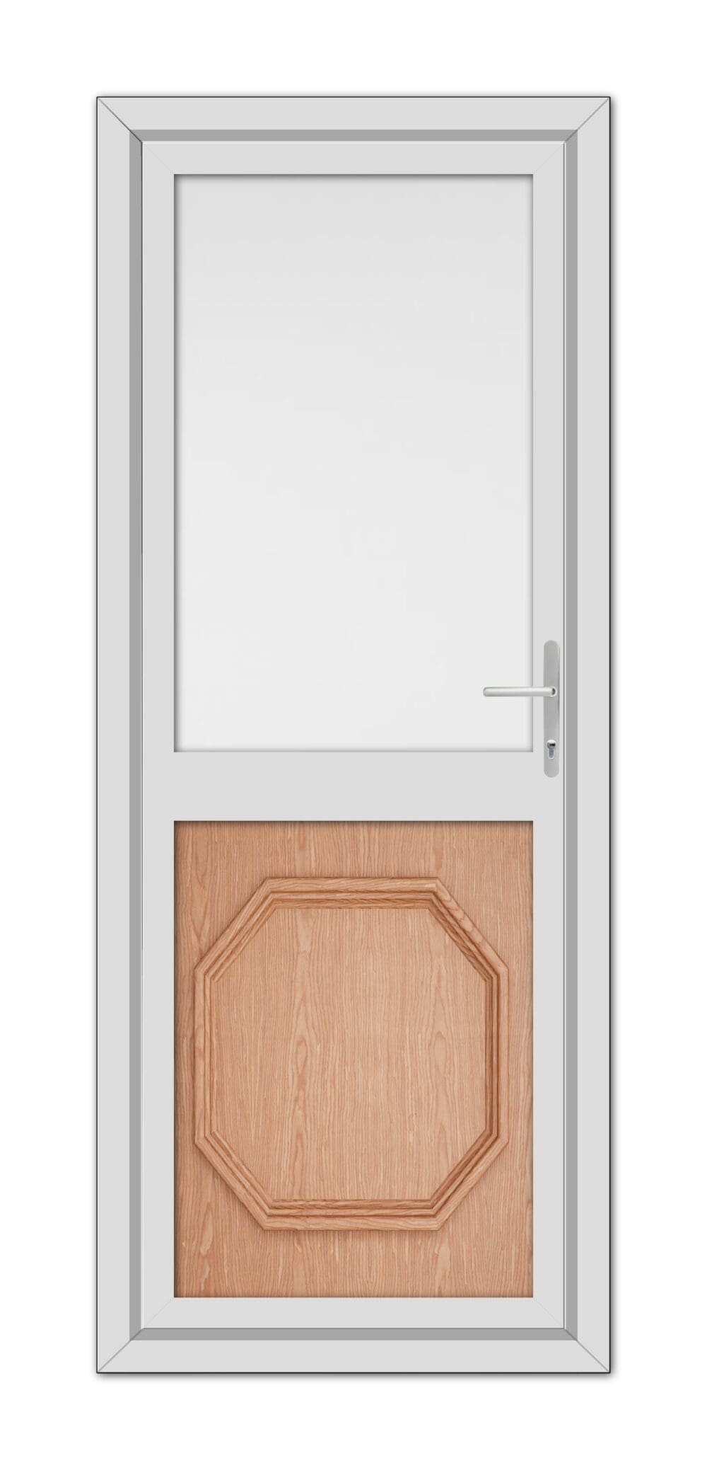 A modern Irish Oak Buckingham Half uPVC Back Door featuring a silver frame, lower wooden panel, and upper glass window, fitted with a metallic handle.