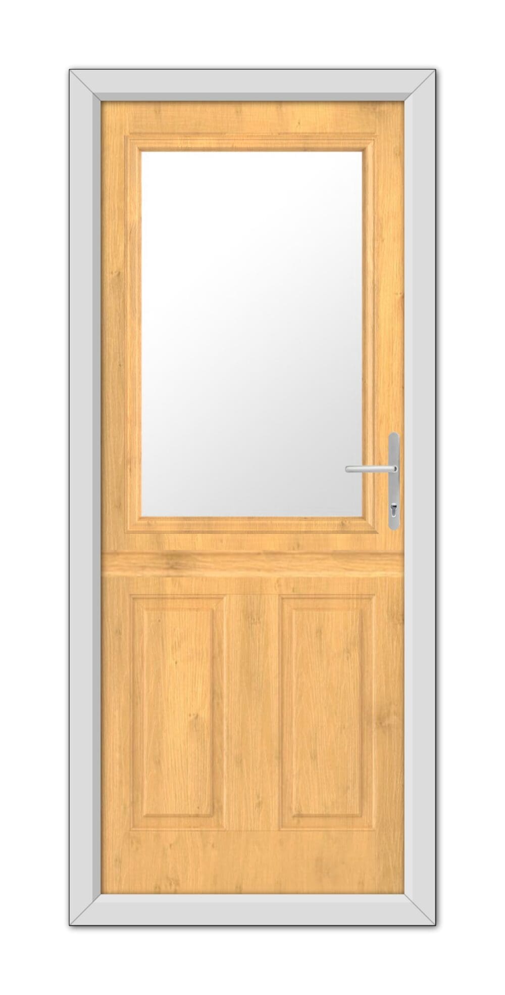 A Irish Oak Buxton Stable Composite Door 48mm Timber Core with a square glass window, framed in white and fitted with a modern handle, set within a silvery metallic frame.