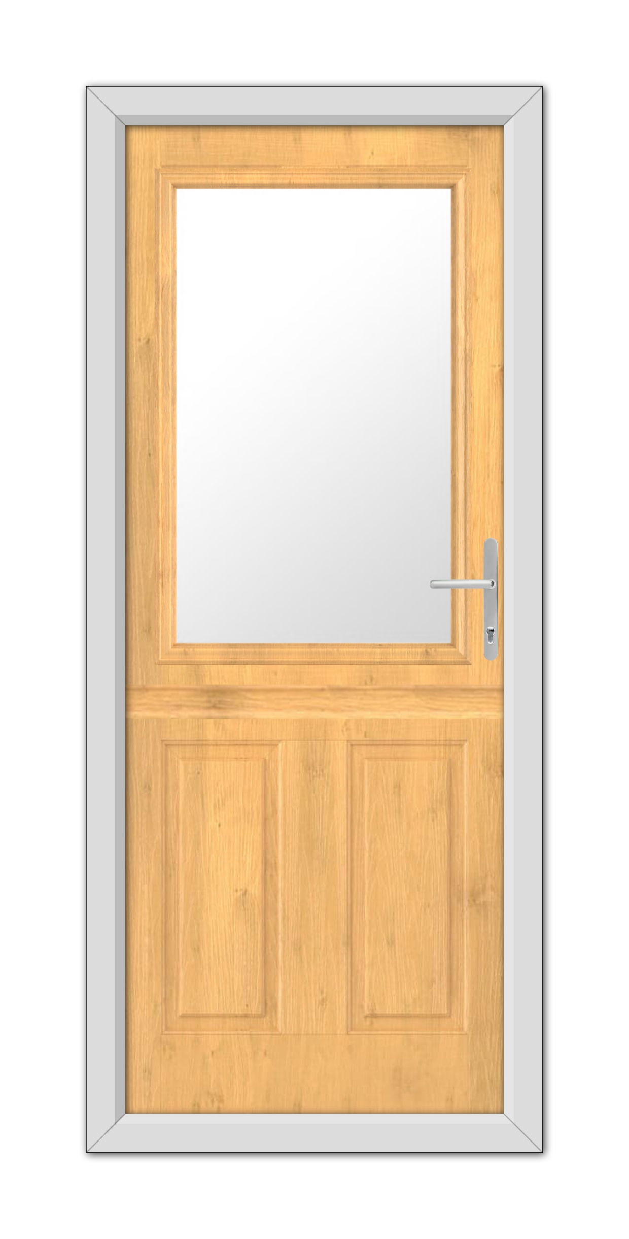 A Irish Oak Buxton Stable Composite Door 48mm Timber Core with a square glass window, framed in white and fitted with a modern handle, set within a silvery metallic frame.