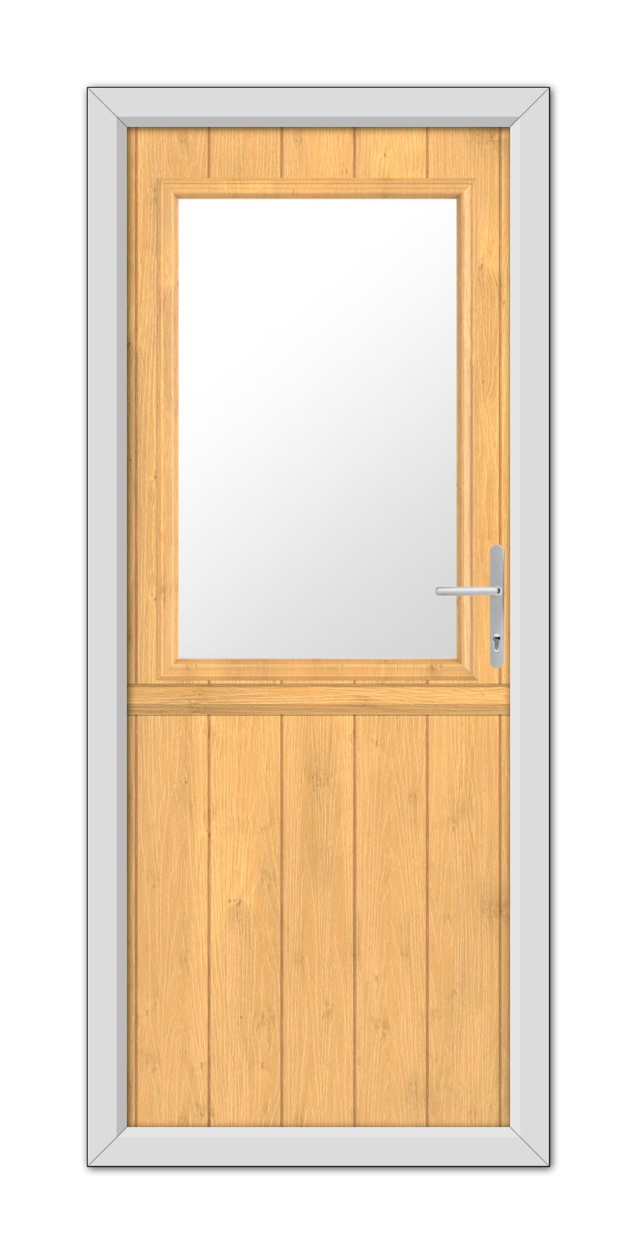 A Irish Oak Clifton Stable Composite Door 48mm Timber Core with a glass window and a silver handle, framed in a gray metal casing, isolated on a white background.