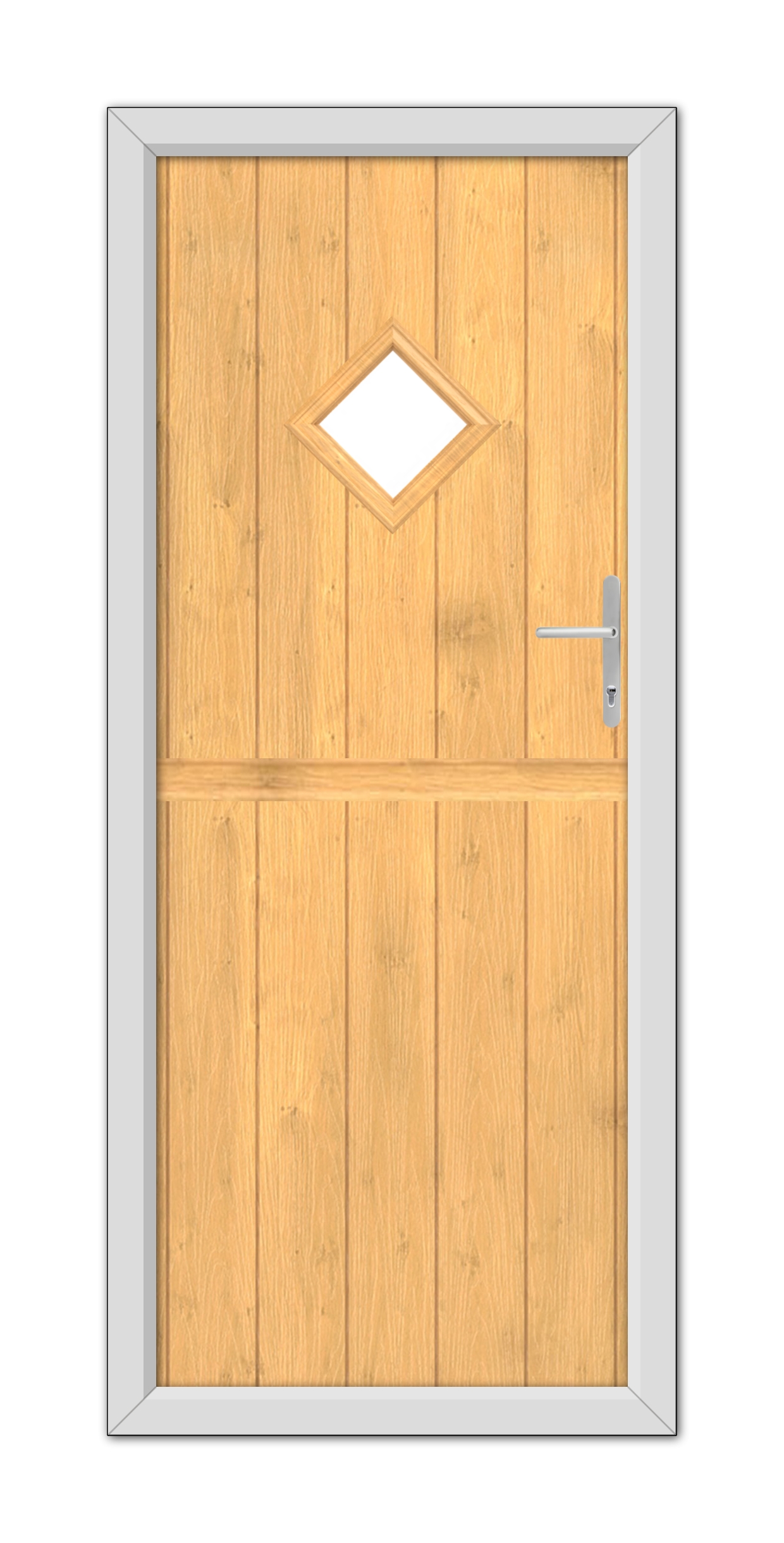 An Irish Oak Cornwall Stable Composite Door 48mm Timber Core with a diamond-shaped window and a metal handle, framed in a gray metallic frame.