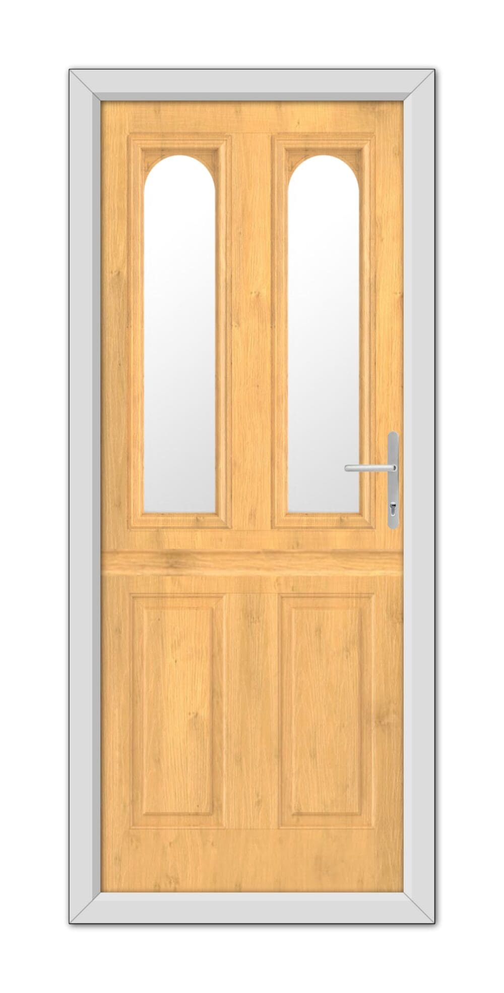 A Irish Oak Elmhurst Stable Composite Door 48mm Timber Core with glass panels, featuring a modern handle, framed by a gray border.