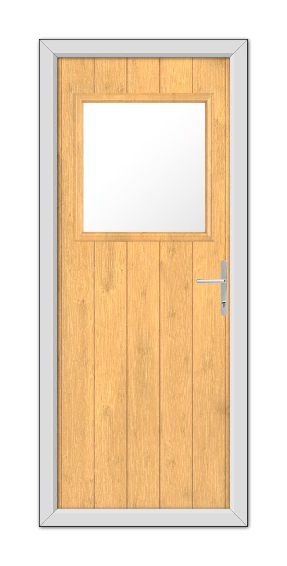 A Irish Oak Fife Composite Door 48mm Timber Core with a rectangular window and a metal handle, framed in a gray metallic doorframe, isolated on a white background.