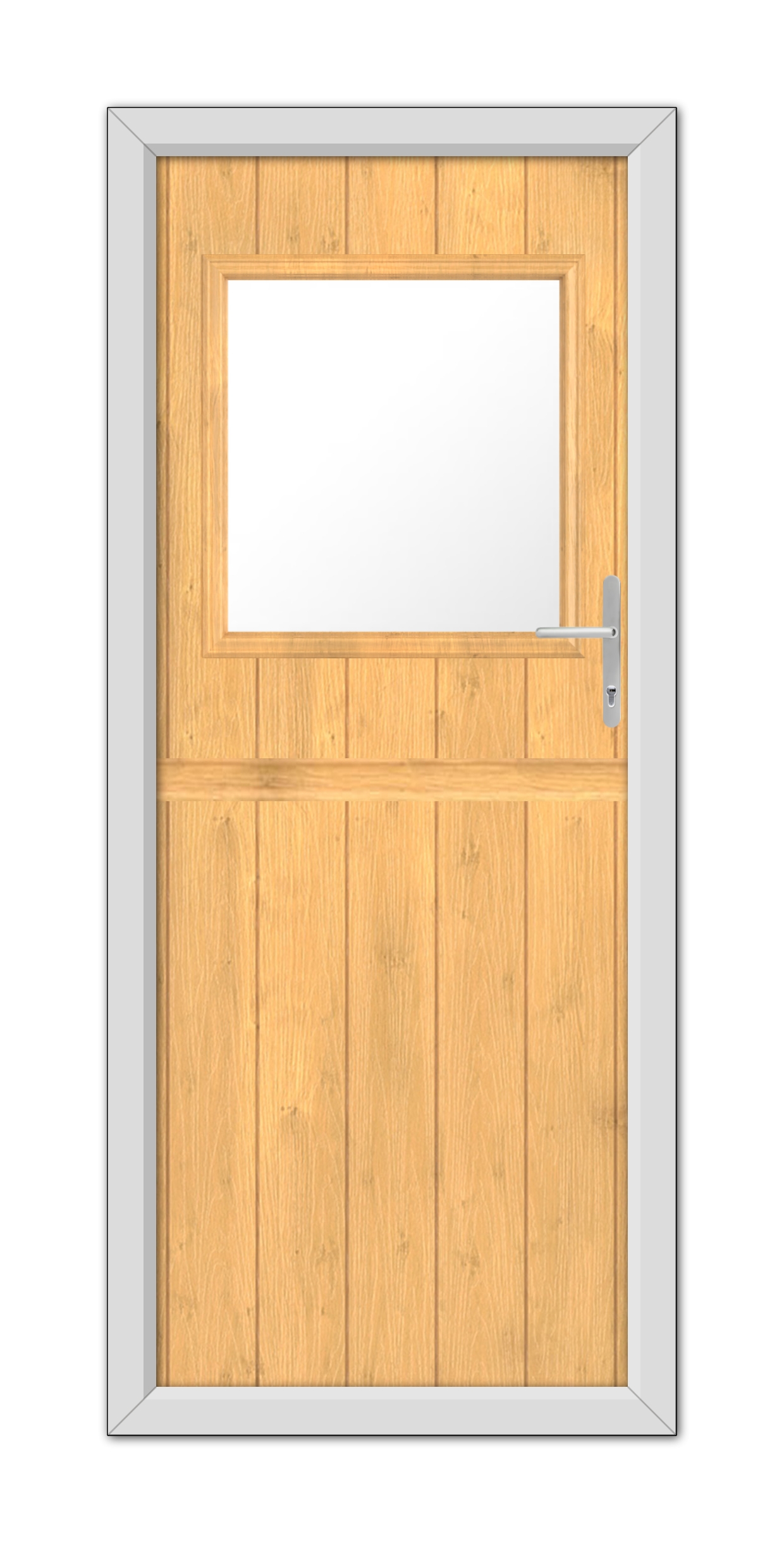 A Irish Oak Fife Stable Composite Door with a small rectangular window and a stainless steel handle set in a gray frame, isolated on a white background.