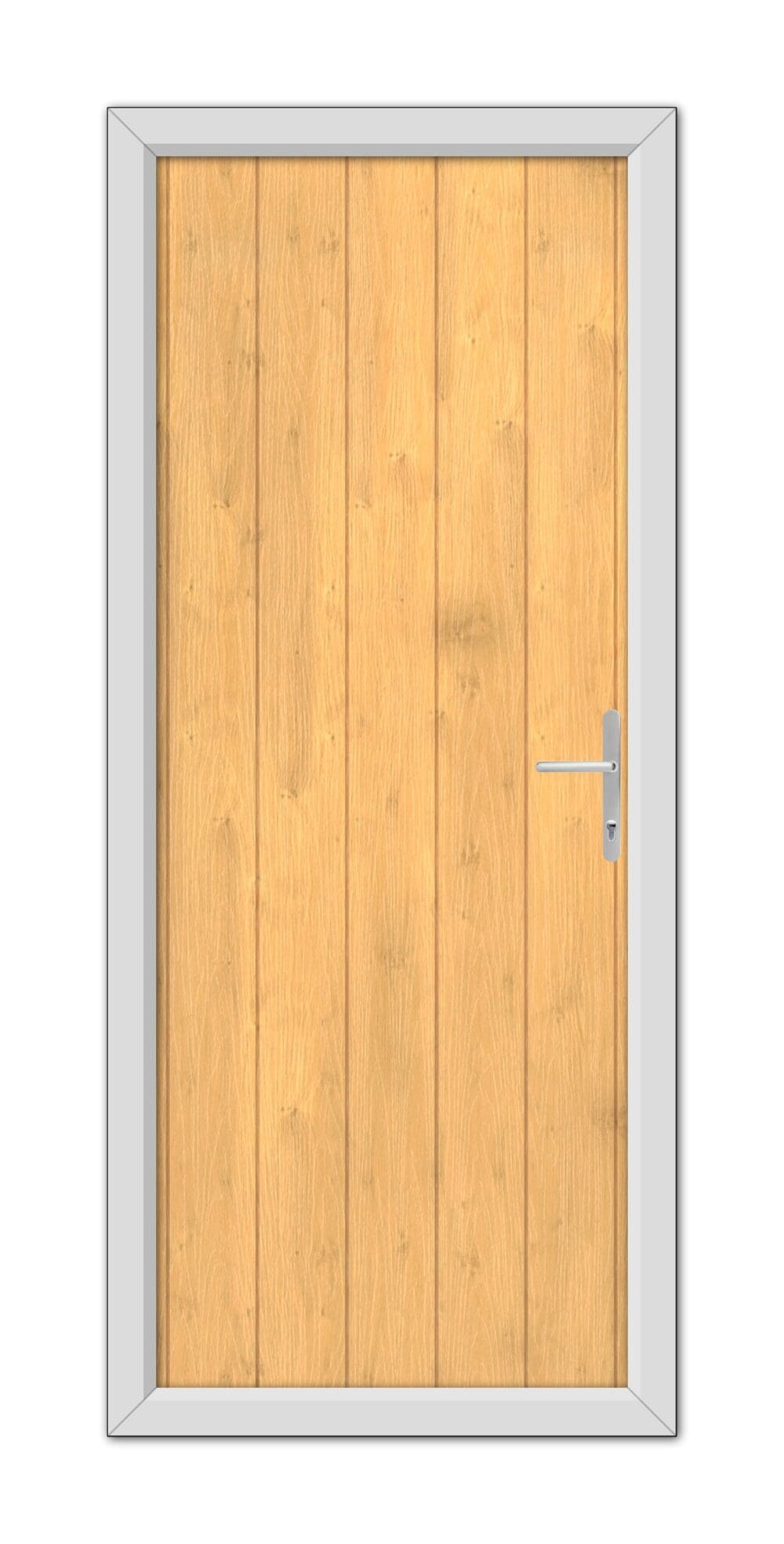 Irish Oak Gloucester composite door with a metal handle, set in a gray frame, viewed from the front.