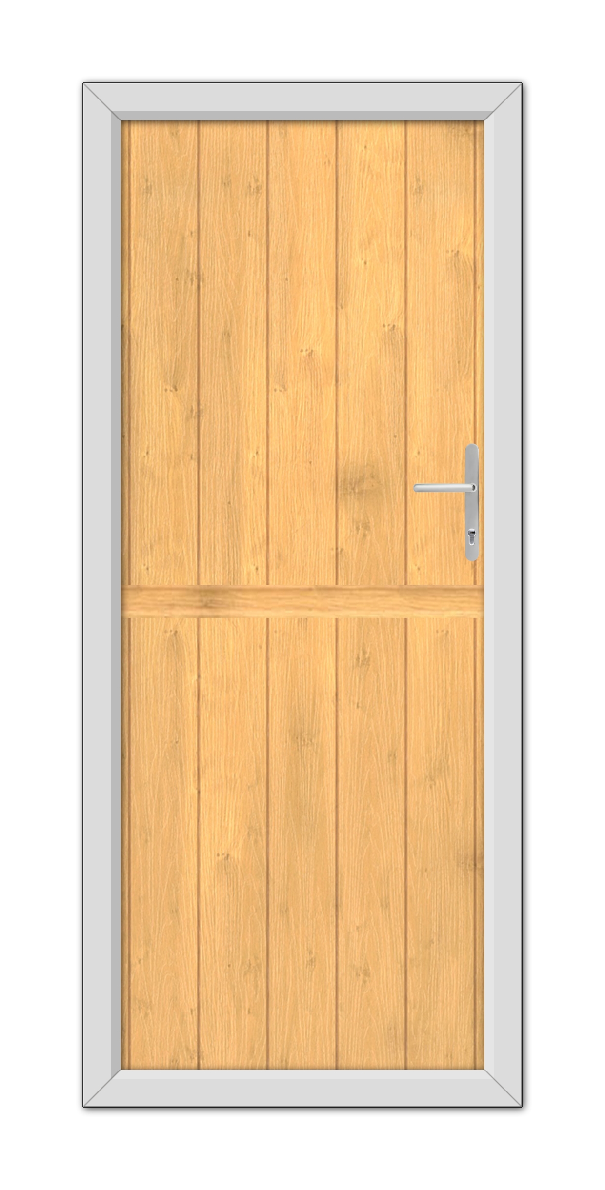 A simple Irish Oak Gloucester Stable Composite Door 48mm Timber Core with a metal handle, set in a gray frame, viewed frontally.