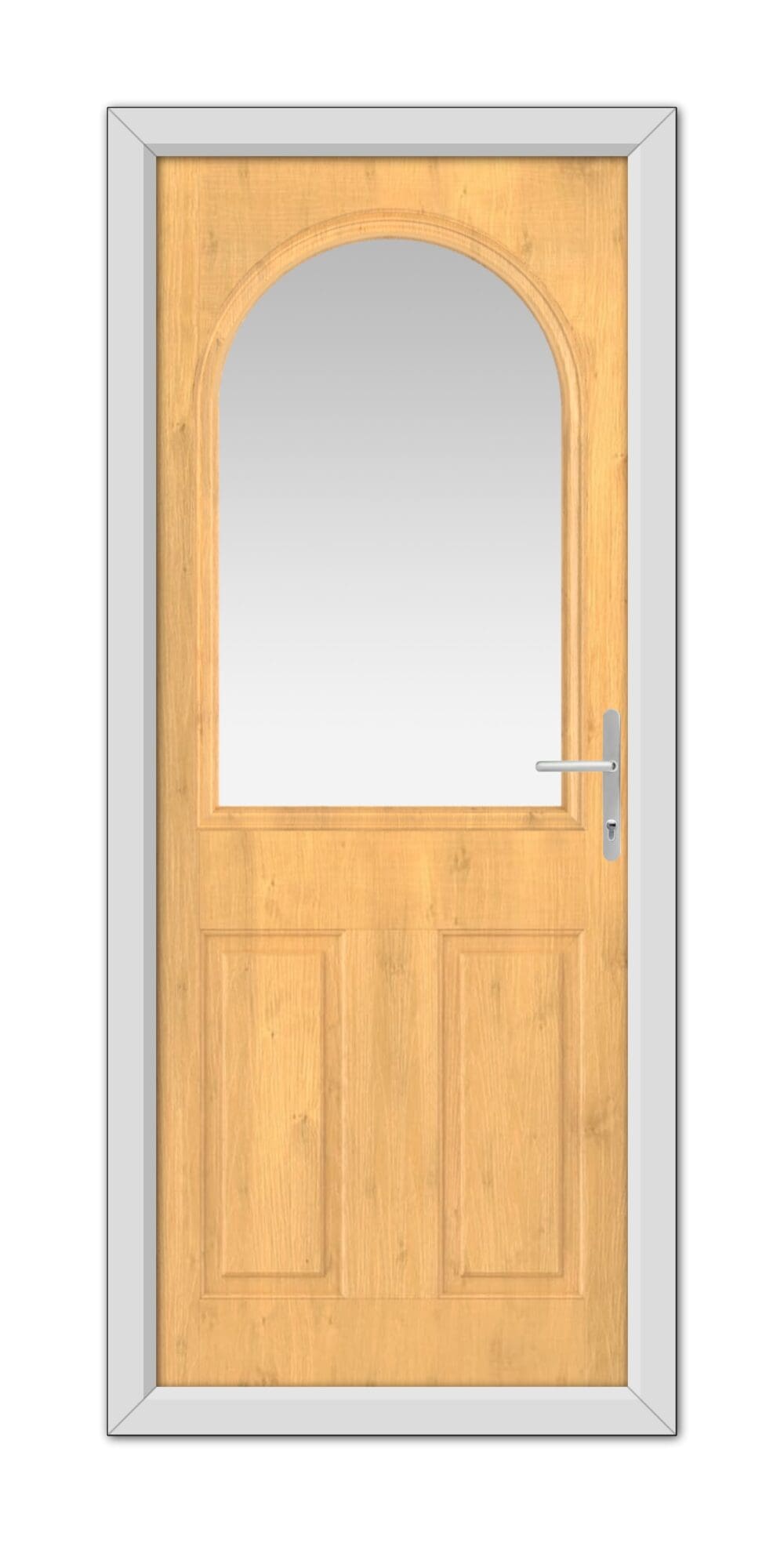 A Irish Oak Grafton Composite Door 48mm Timber Core with a large glass panel, framed in white, featuring a metallic handle on the right side.