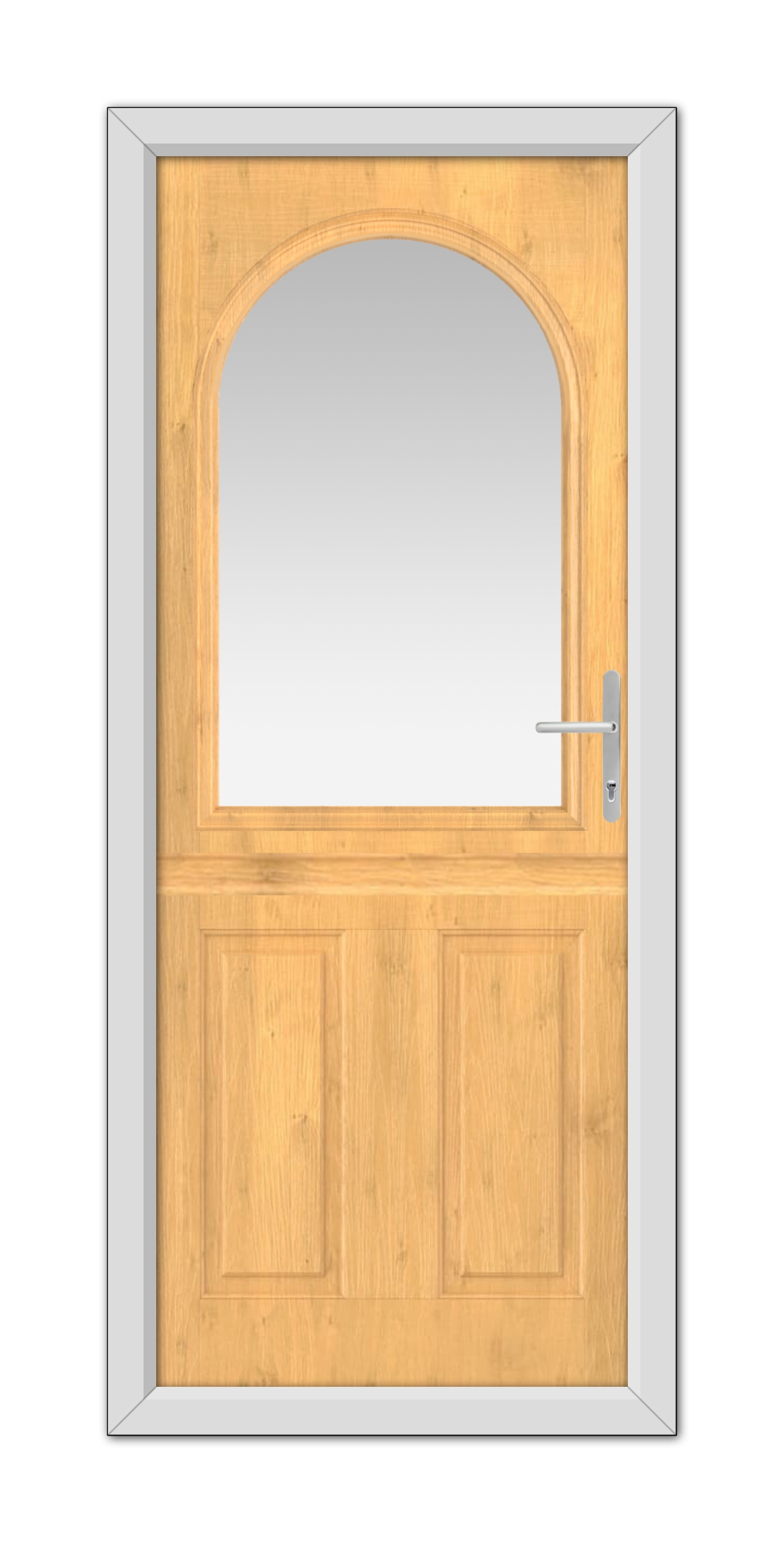 Irish Oak Grafton Stable Composite Door 48mm Timber Core with a glass upper half, framed in a steel doorway, featuring a silver handle on the right side.