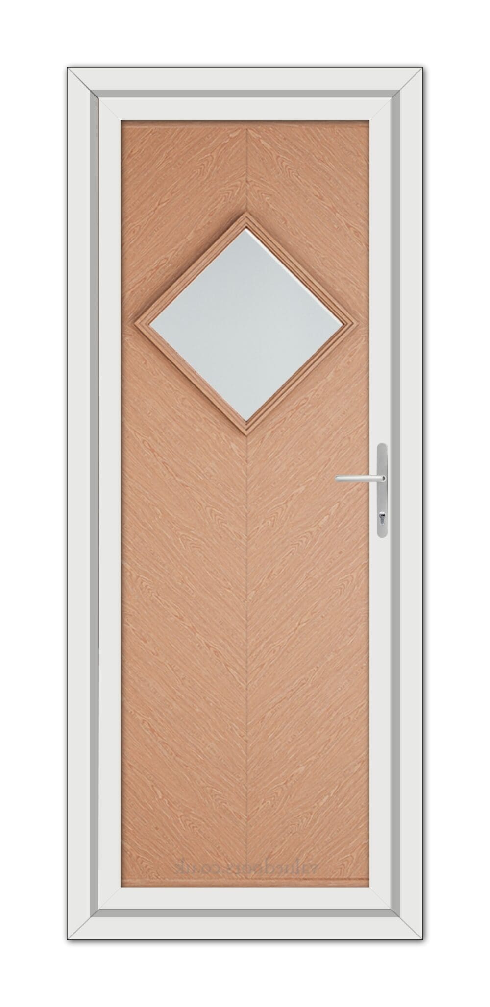 A modern Irish Oak Hamburg uPVC door with a diamond-shaped window, framed in white with a metal handle on the right side.