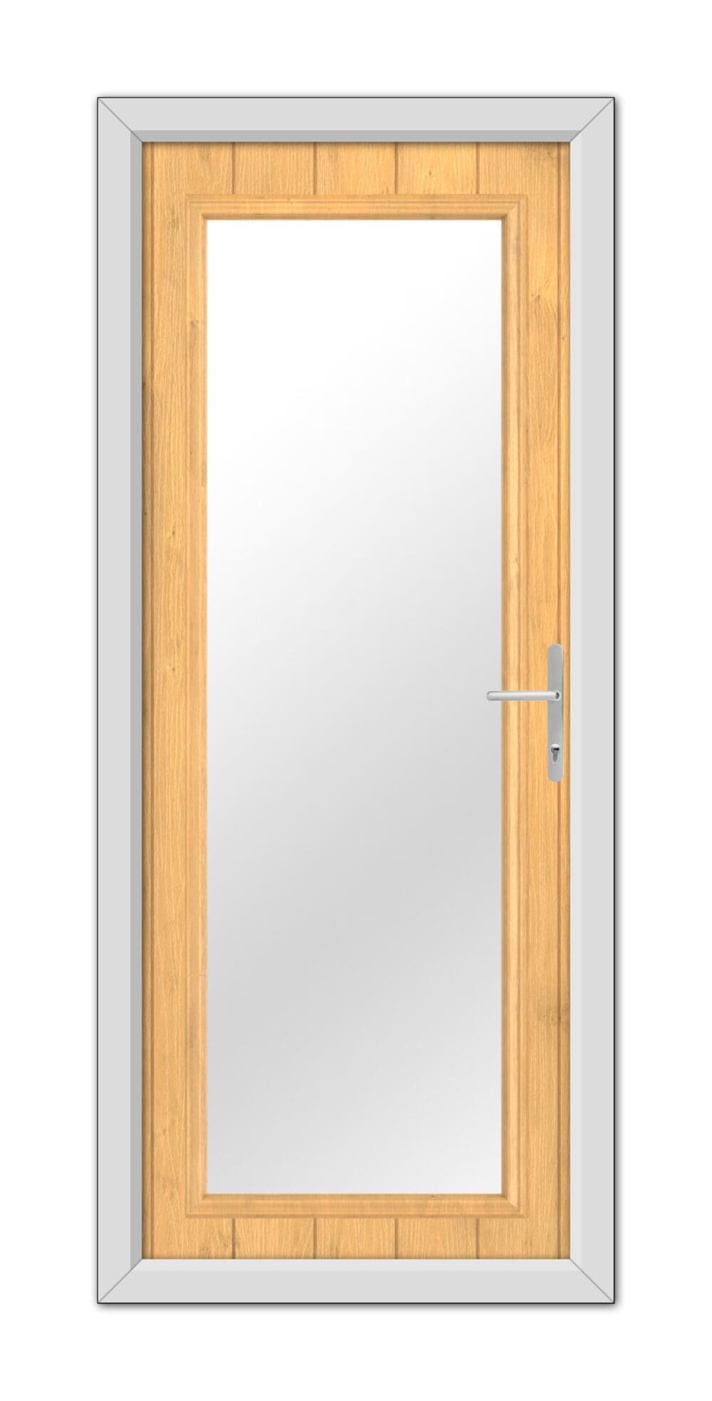 An Irish Oak Hatton Composite Door 48mm Timber Core with a metal handle, set in a gray metal frame, featuring a large rectangular glass panel.